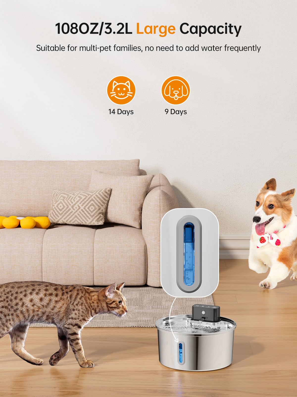 Qzkragt Wireless Cat Water Fountain, Stainless Steel, 3.2L, Model 311-A, Battery Operated with Motion Sensor for Cats and Dogs