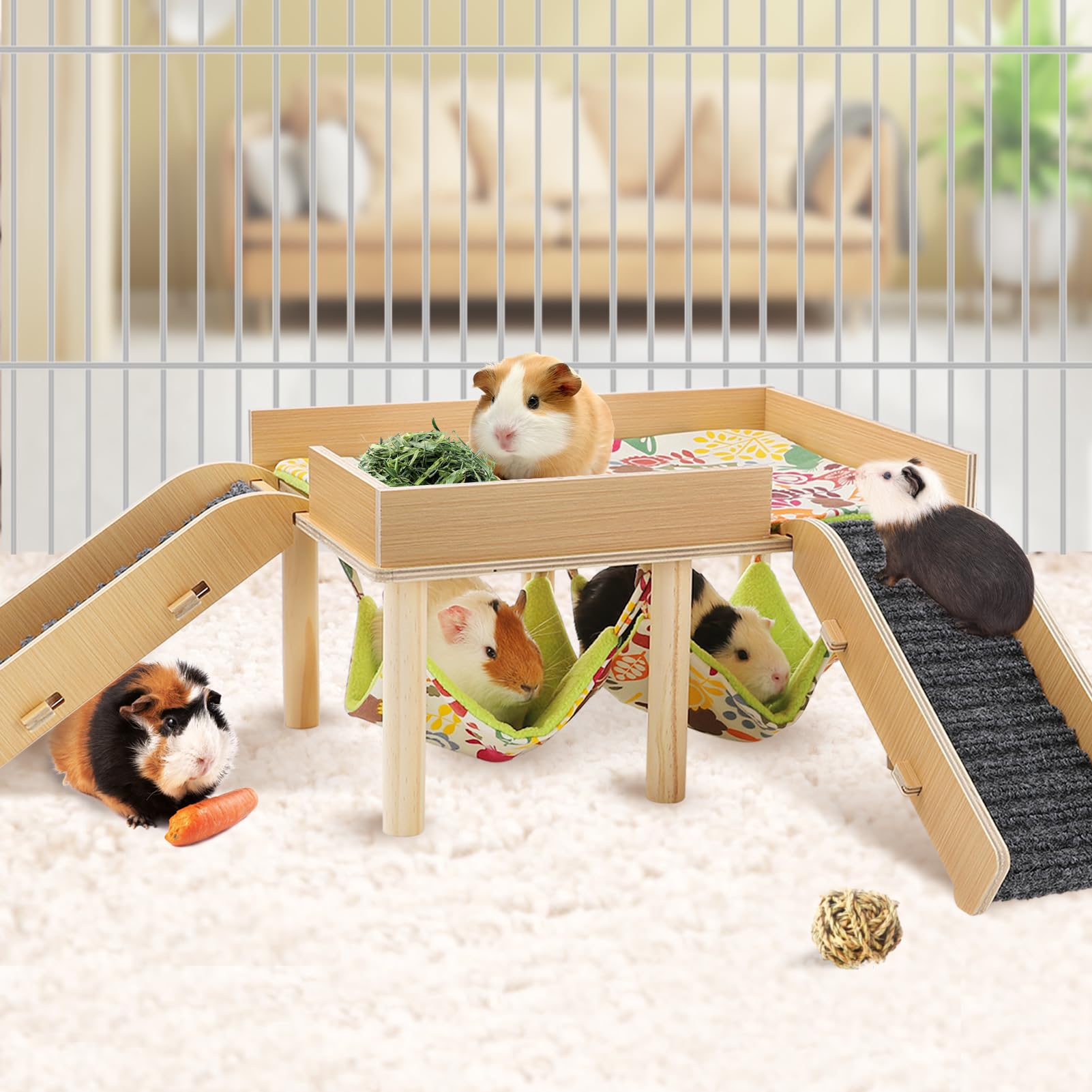 Mewtogo Guinea Pigs Hammock With Platform, Wooden Guinea Pig Hideout With Stairs, Safe And Durable Small Pet Bed For Piggies Chi