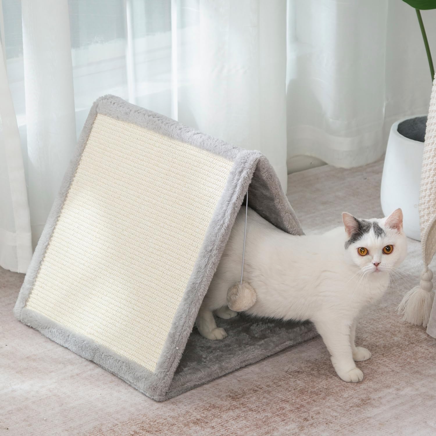 Luckitty Cat Scratching Pad - Sisal Shell And Gray Soft Plush Lining With A Plush Toy Ball, Cat Claw Sharpener - Protect Furnitu
