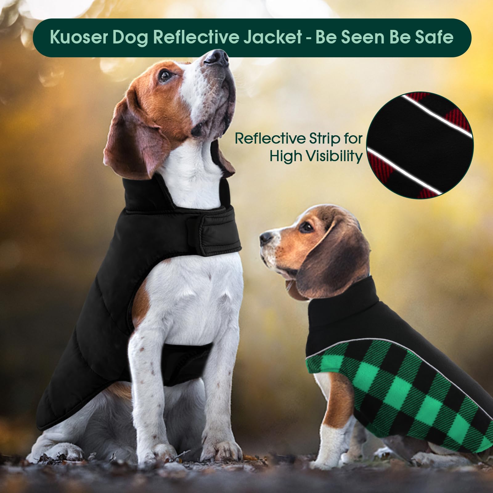 Kuoser Reversible, Warm Waterproof Dog Winter Coat, British Style Plaid - Puppy Cold Weather Vest, Windproof, Snow Jacket For Ex