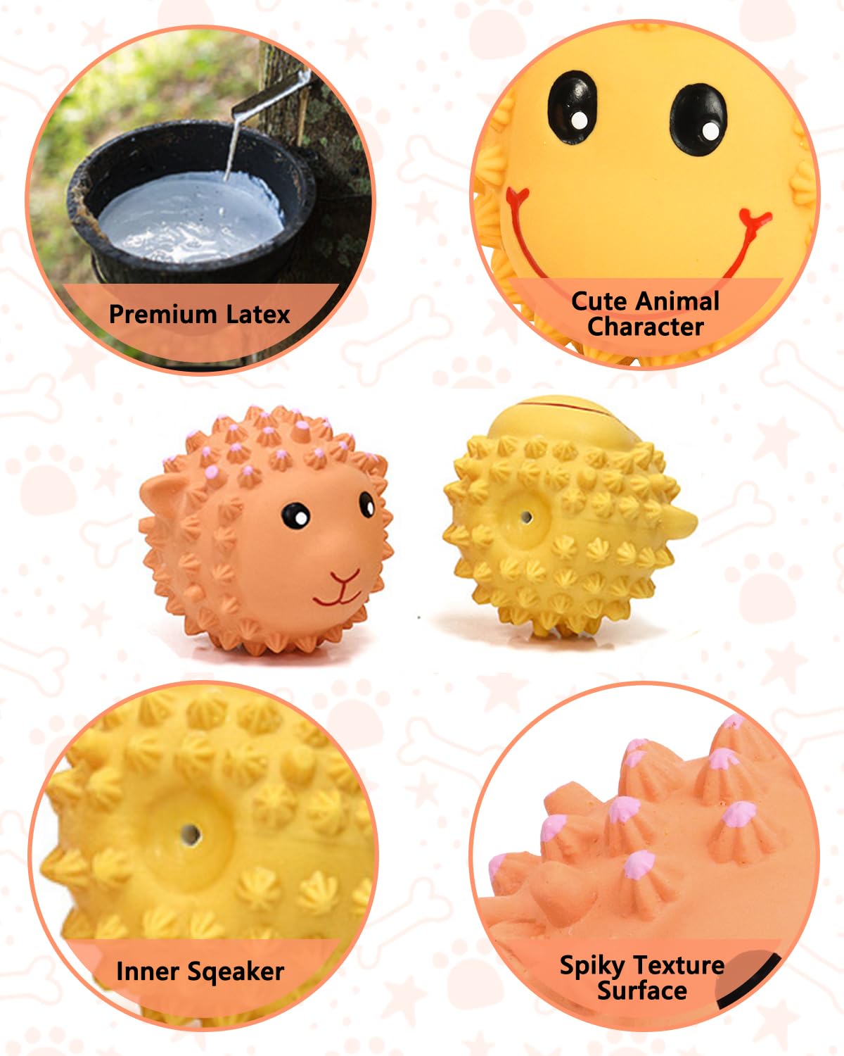 Schitec Squeaky Dog Toys, 3'' Interactive Latex Squeak Fetch Play Animal Balls, [2 Pack] Spiky Soft Rubber Puppy Teeth Clean Pet