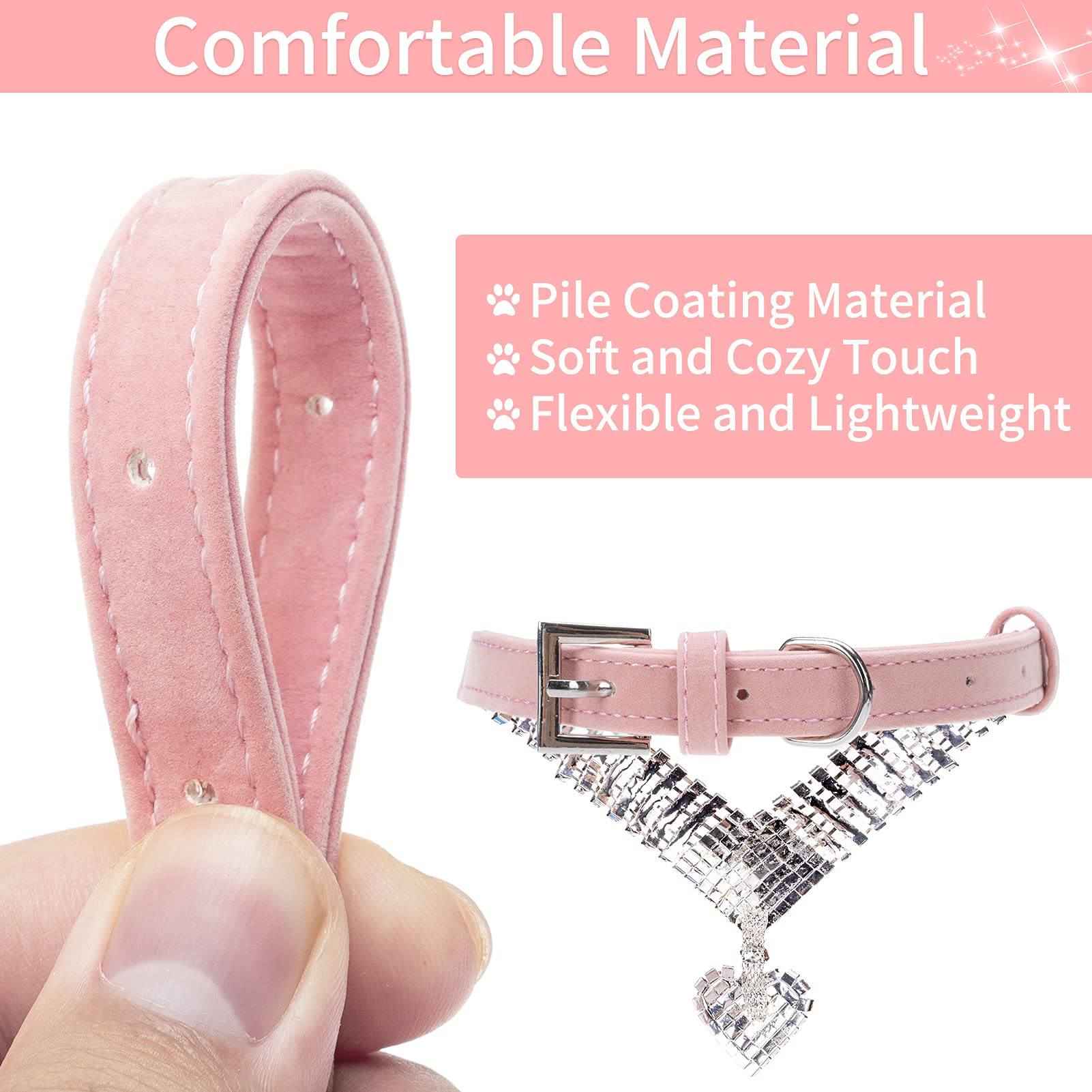 Expawlorer Cute Dog Necklace - Rhinestone Dog Collar, Soft Velvet Collar For Girl Boy Cats Dogs, Sparkling Pet Neck Decoration, Adjustable Pet Collar For Puppies Cats Small Medium Dogs, Pink M