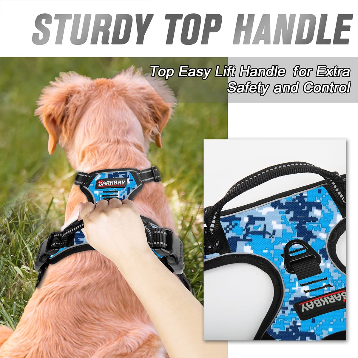Barkbay No Pull Dog Harness Front Clip Heavy Duty Reflective Easy Control Handle For Large Dog Walking(Blue Camo,S)
