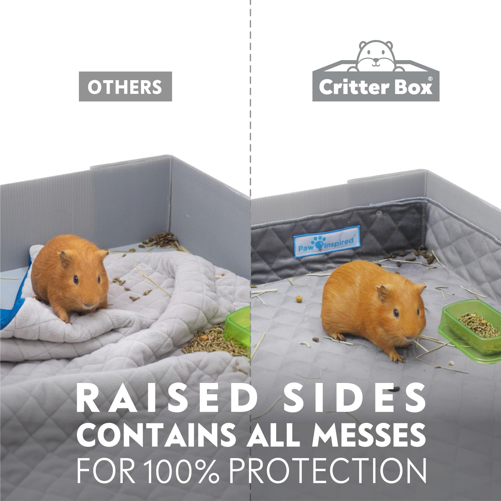 Paw Inspired Critter Box Washable Cage Liner With Raised Sides, Fleece Bedding With Waterproof Bottom, Edge Protected Pee Pads F