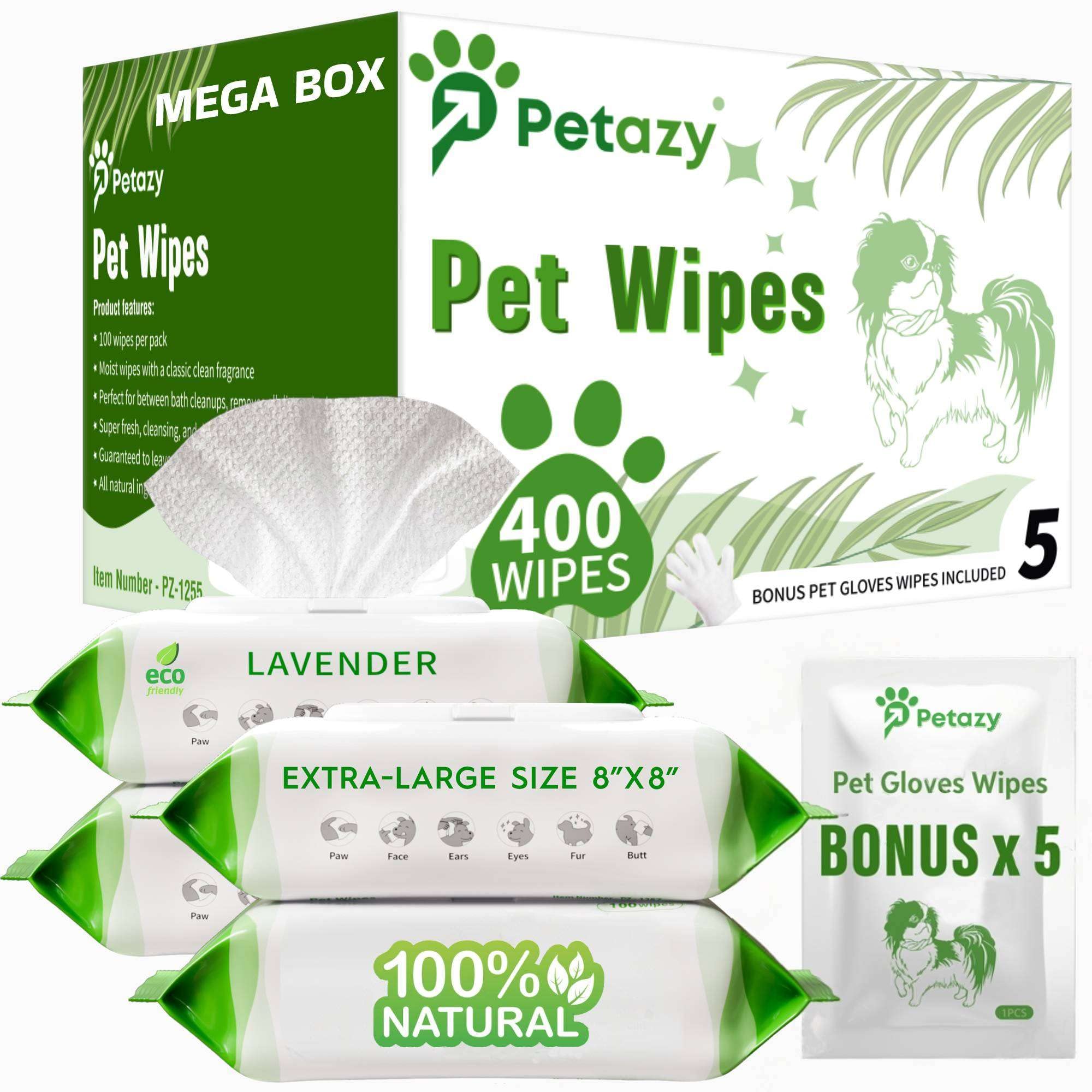 Petazy Dog Wipes - 400 Organic Lavender Scented Cleaning Wipes + 5 Bonus Glove Wipes for Paws, Butt, Ears, and Eyes