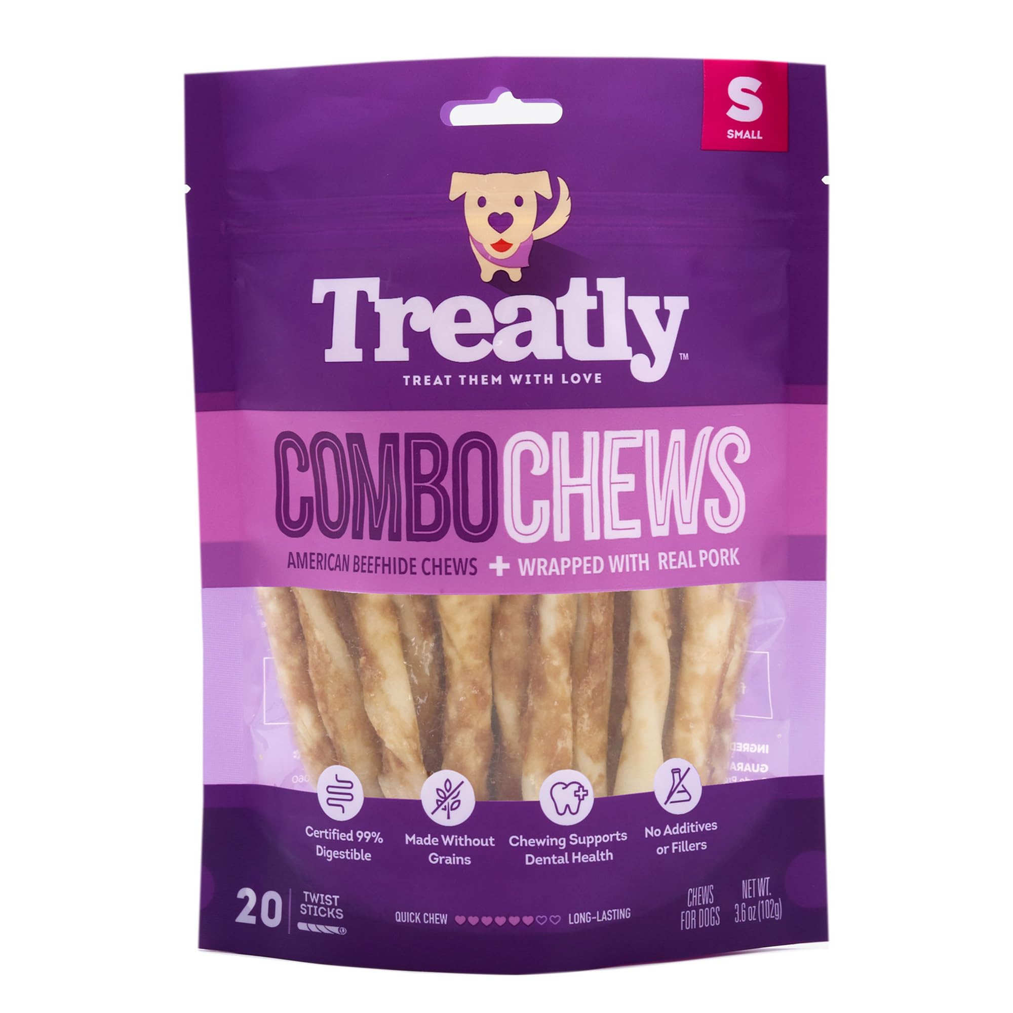 Treatly Combo Chews Beefhide Twist Sticks 5 w/Pork Meat Wrap Dog Chew Treats - 20 Count/1 Pack