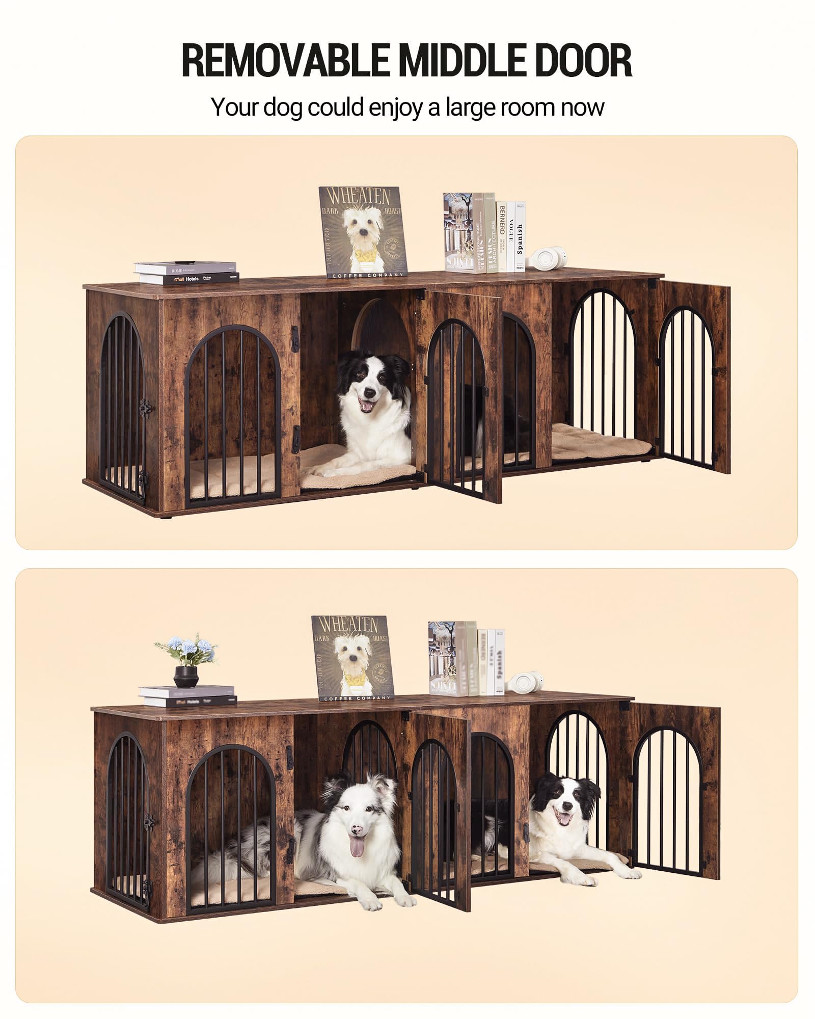 Hzuaneri 88.4 Dog Crate Furniture for 2 Dogs, Heavy Duty Indoor Dog Kennel TV Stand, XXL Wooden Dog Cage with Divider for Medium