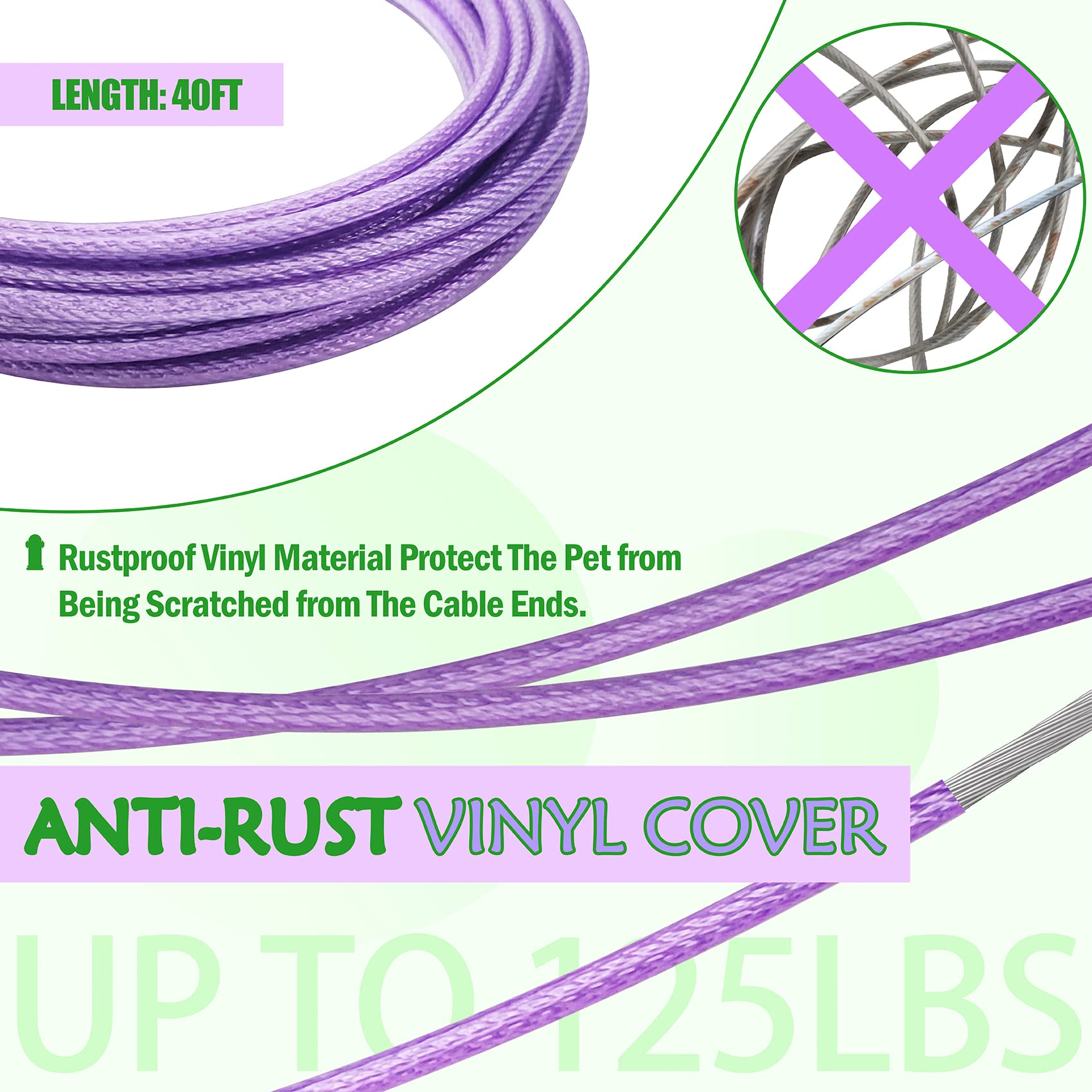 Petest Reflective Tie Out Cable with Crimp Cover for Heavy Dogs Up to 125 Pounds, 40 Feet