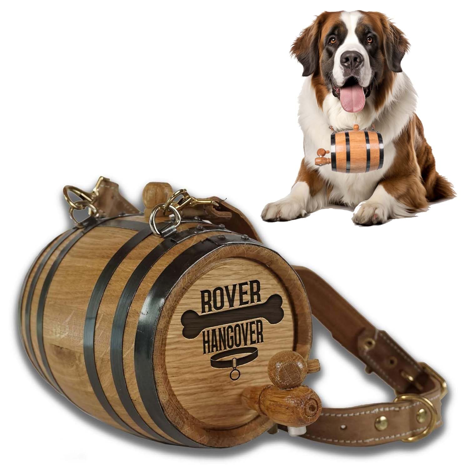 St. Bernard Dog Collar Rescue Barrel, With Engraved Design 'Rover Hangover' (1/2 Liter Size Oak Mini Keg With Black Hoops For Sa