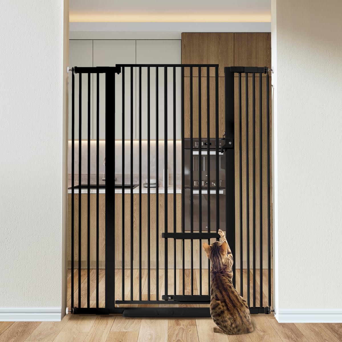 COMOMY 55.1 Extra Tall Pet Gate for Cats, 29.5-43 Extra Wide Cat Gate with Adjustable Cat Door, Pressure Mounted Easy Walk Throu