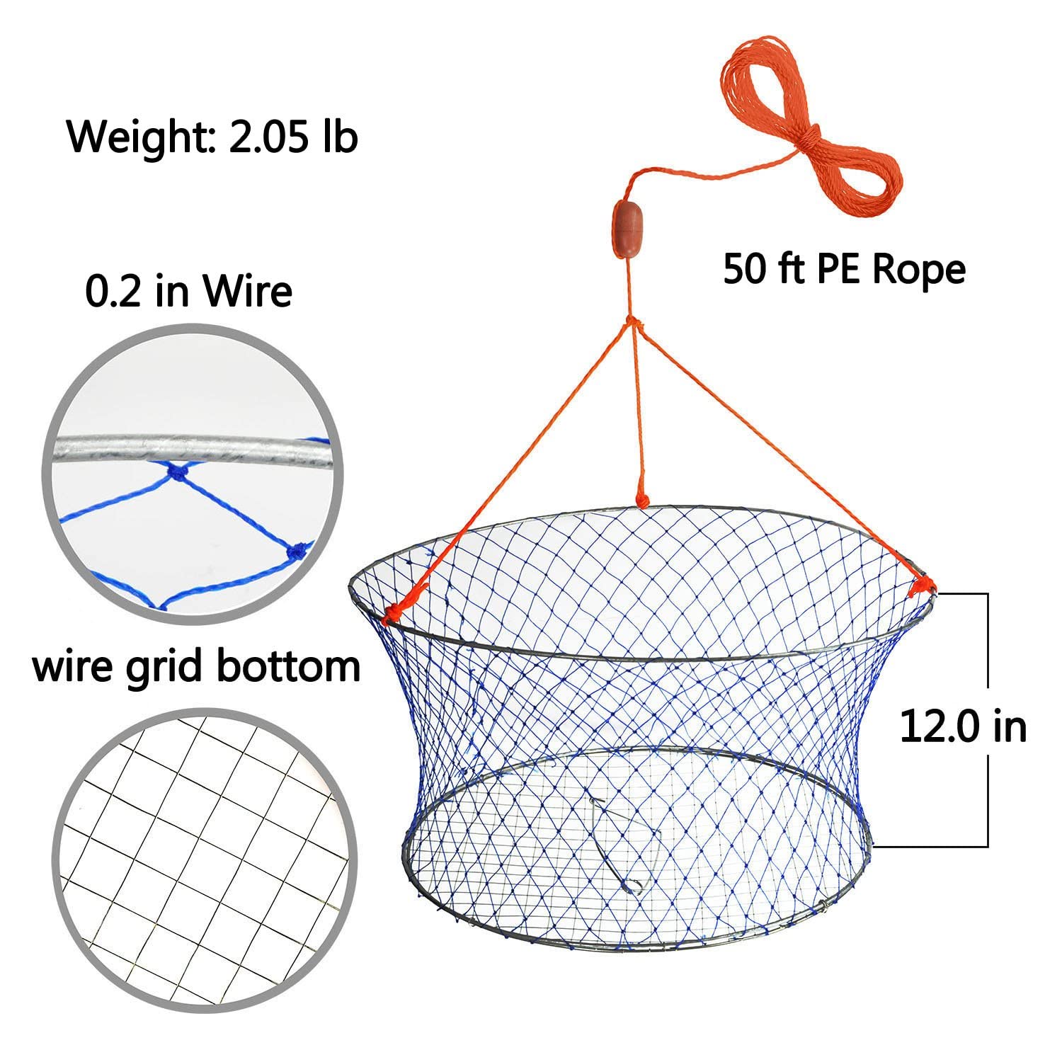 Palmyth Wire Grid Bottom Crab Nets Two Ring Crab Kit with Harness and Bait Clip 24    X 20    X 12