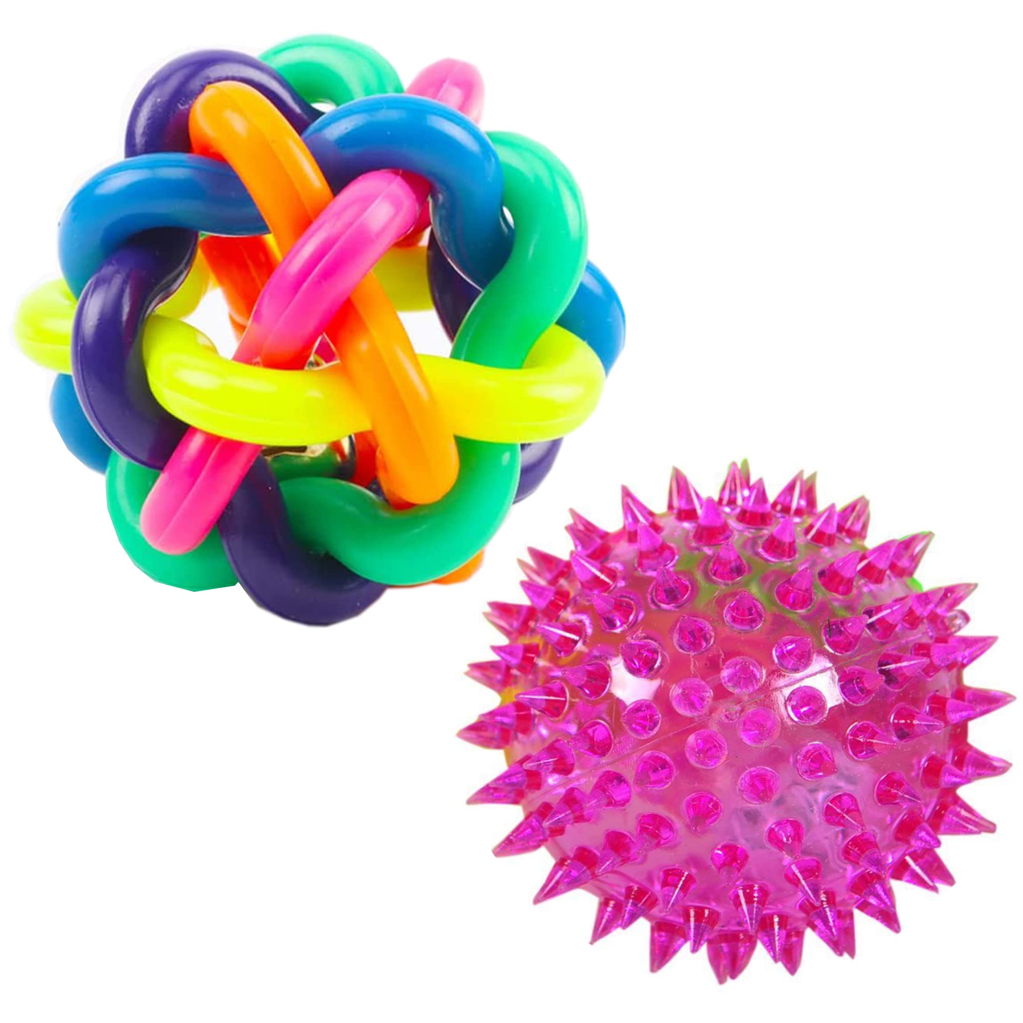 Pet Needs Rubber Woven Ringing Rainbow Ball (Medium) With Free Led Squeaky Spiky Lighting Up Ball For Small Puppy And Dogs