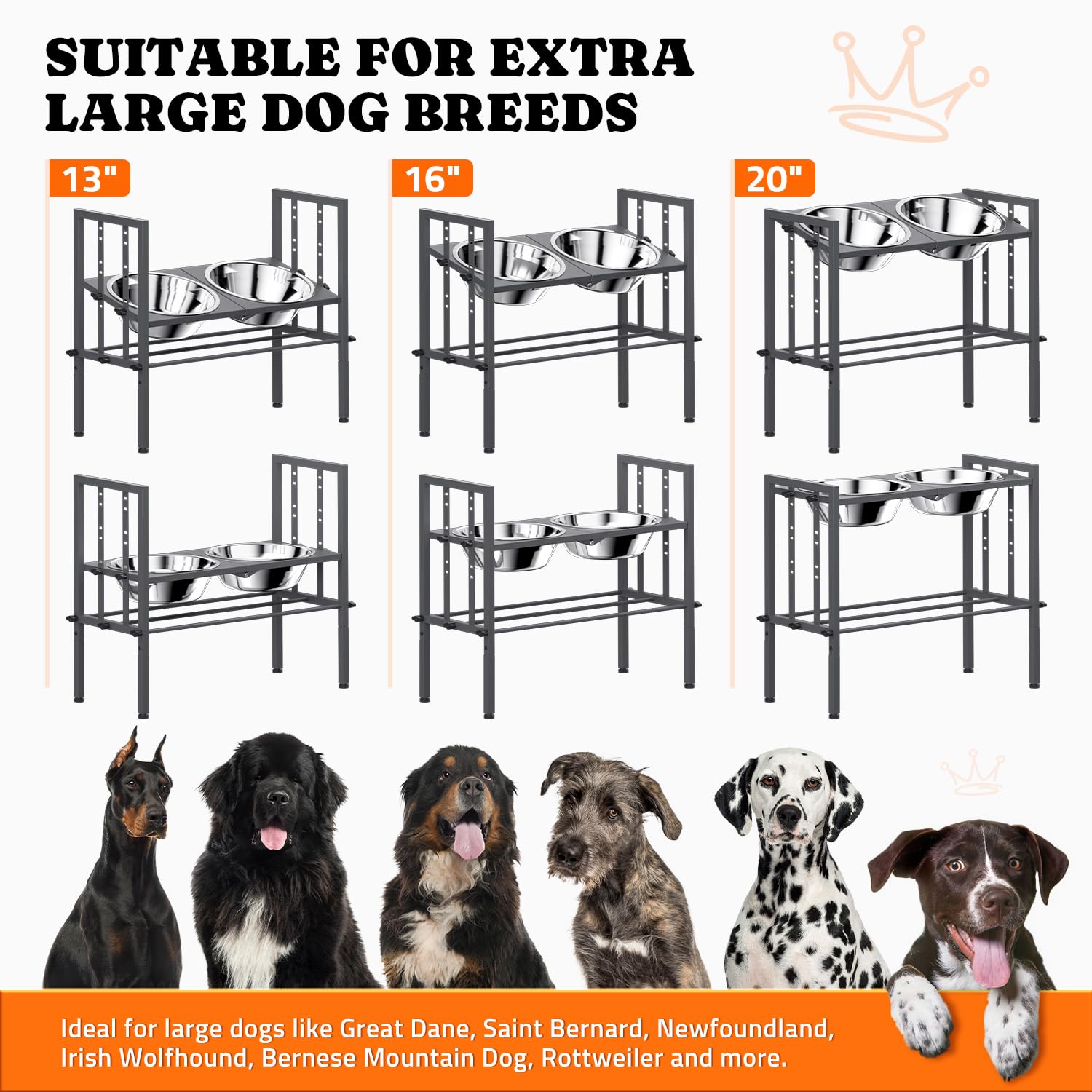 Elevated Dog Bowls - Metal Raised Dog Bowls For Large Breed With 3 Adjustable Heights, Perfect Sturdy Bowl Stands For Extra Larg