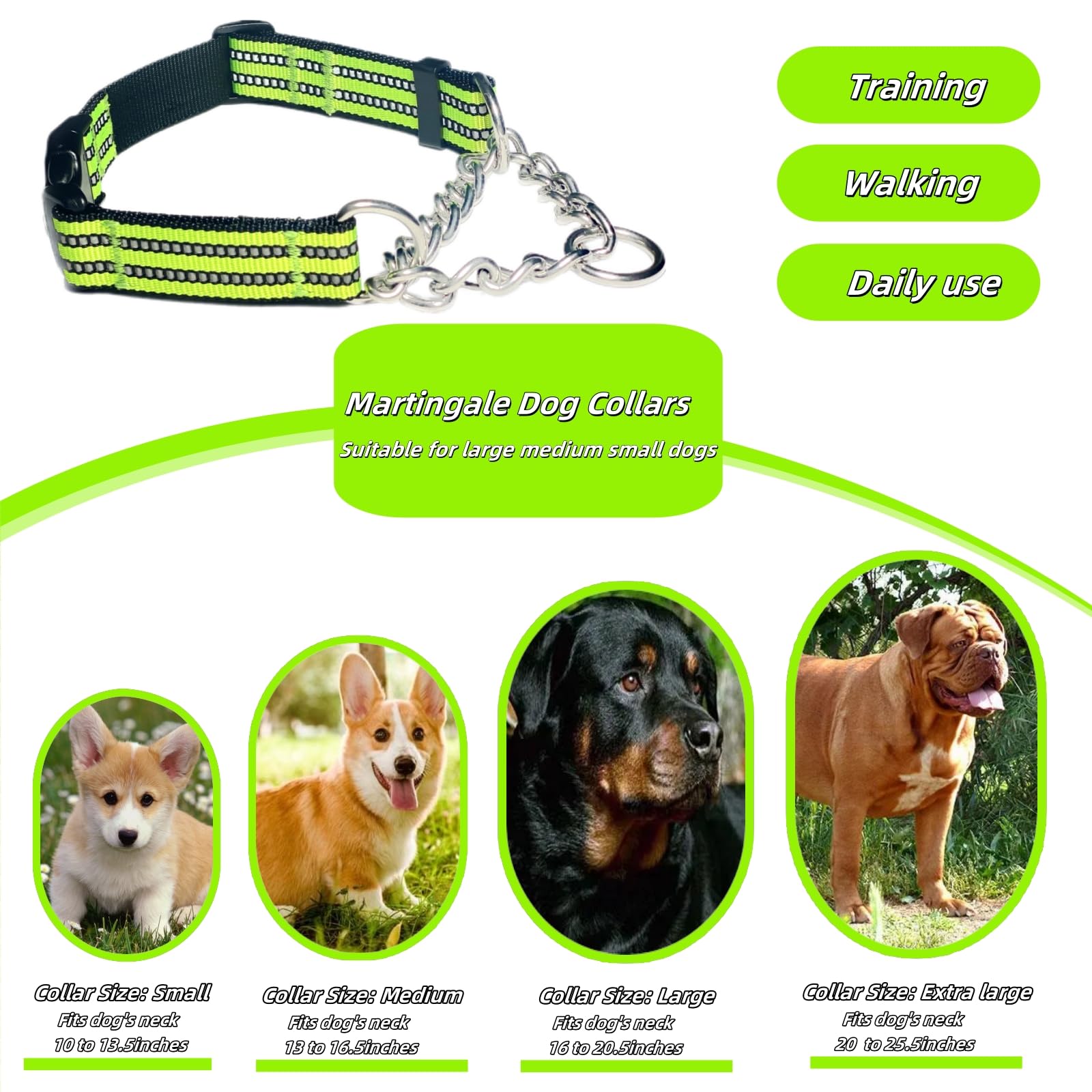 Martingale Dog Collars, Reflective Nylon Collar With Stainless Steel Chain, Adjustable Walking Training Dog Collars With Quick R