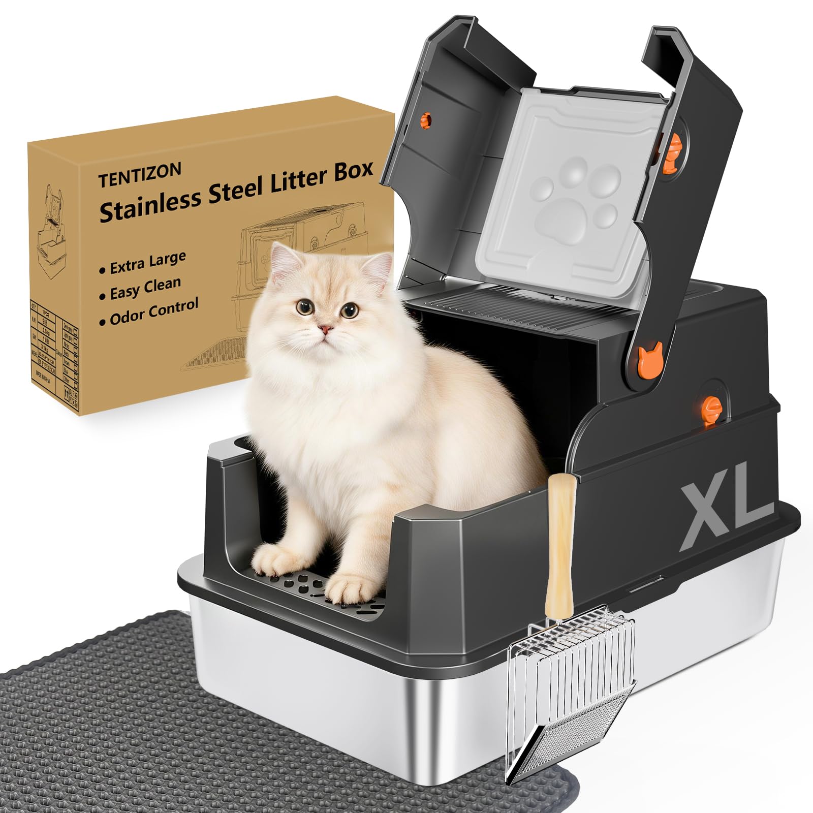 TENTIZON Stainless Steel Cat Litter Box with Lid, Large Covered Enclosed Kitty Litterbox with Hood, Flip Top, High Side, Litter 
