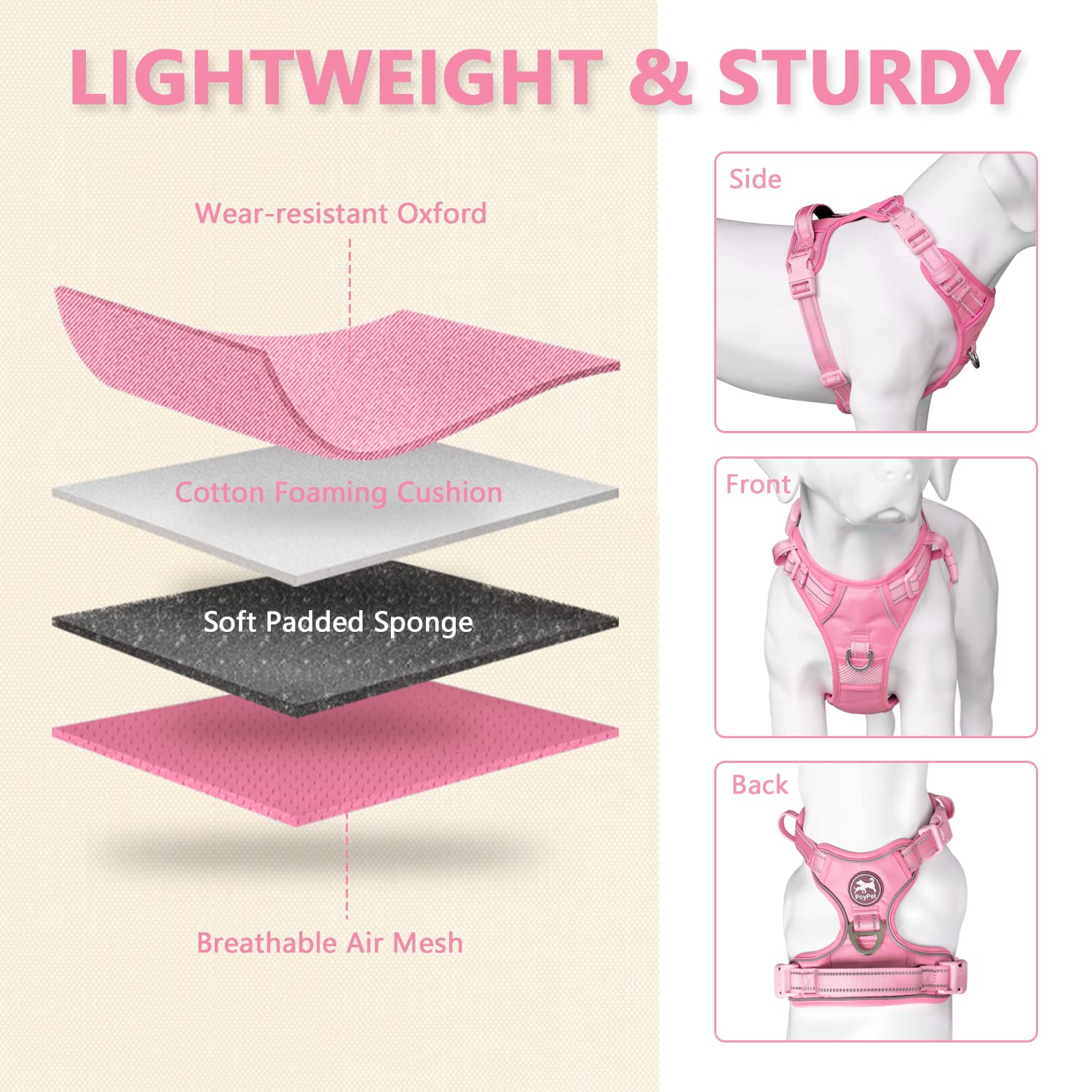 Poypet No Pull Dog Harness, No Choke Reflective Dog Vest, Adjustable Pet Harnesses With Easy Control Padded Handle For Small Medium Large Dogs(Light Pink Matching Trim,Xl)
