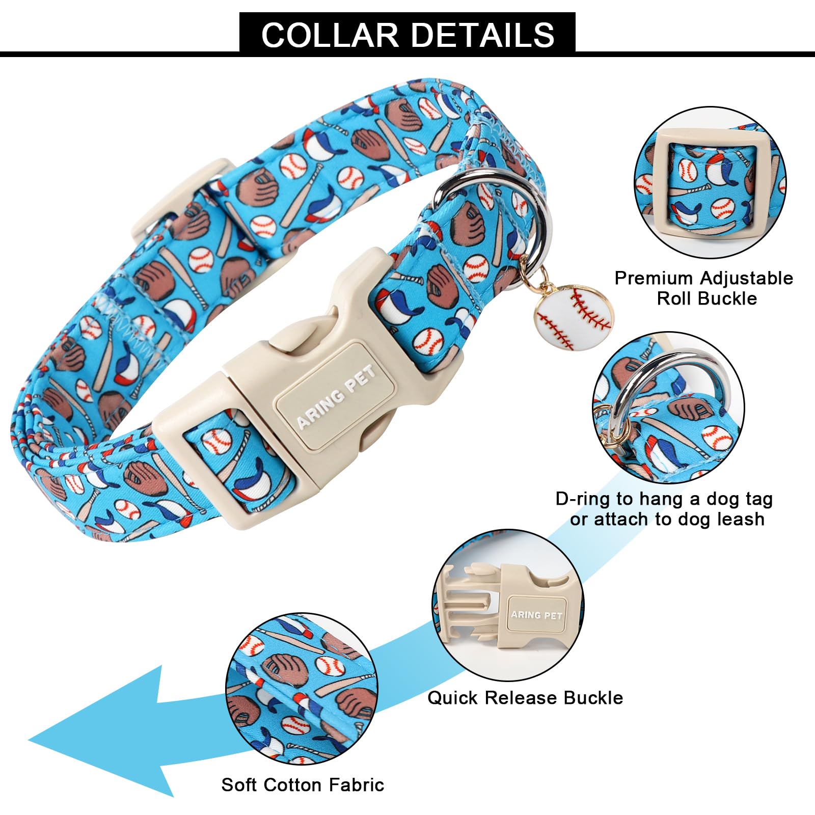 Aring Pet Baseball Dog Collar-Cute Summer Blue Dog Colars, Adjustable Baseball Print Pet Collars Puppy Collar With Quick Release