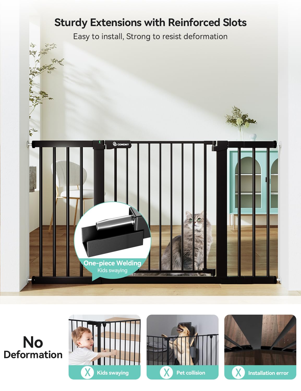 Comomy 30' Tall Baby Gate For Stairs Doorways, Fits Openings 29.5' To 51.6' Wide, Auto Close Extra Wide Dog Gate For House, Pressure Mounted Easy Walk Through Pet Gate With Door, Black