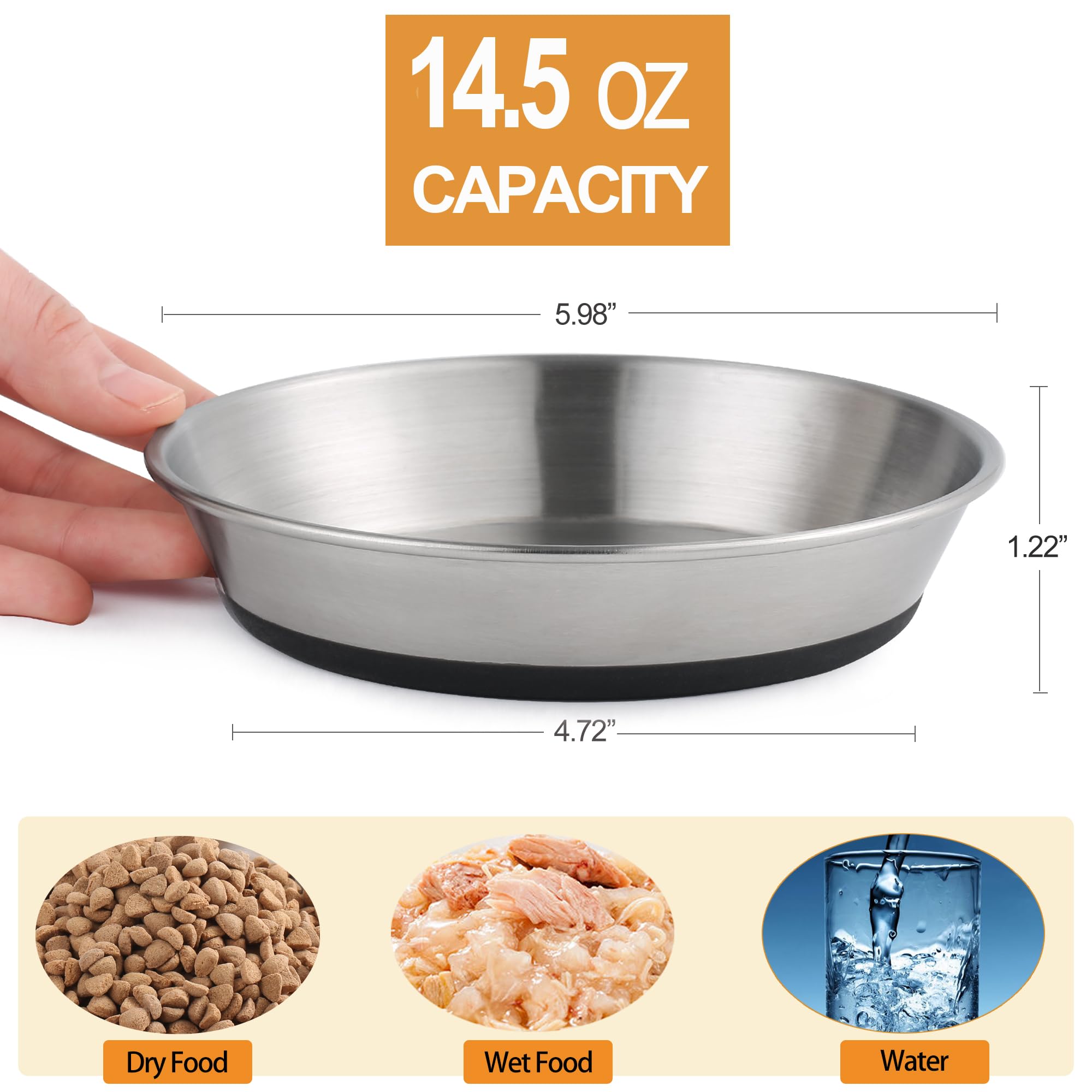 WROSWT Stainless Steel Cat Bowls,Whisker Friendly Shallow Cat Dishes for Food and Water,Non-Slip Silicone Bottom,Heavy Duty,Repl