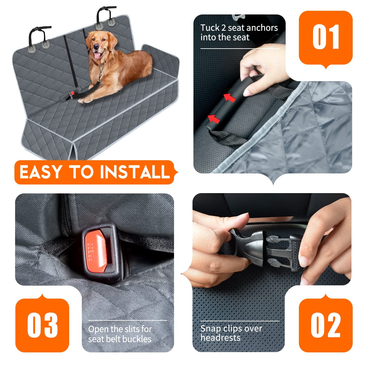 Yuntec Dog Car Cover - Waterproof Back Seat Protector, 53’’ x 47’’, Grey, Nonslip for Cars, Trucks, SUVs