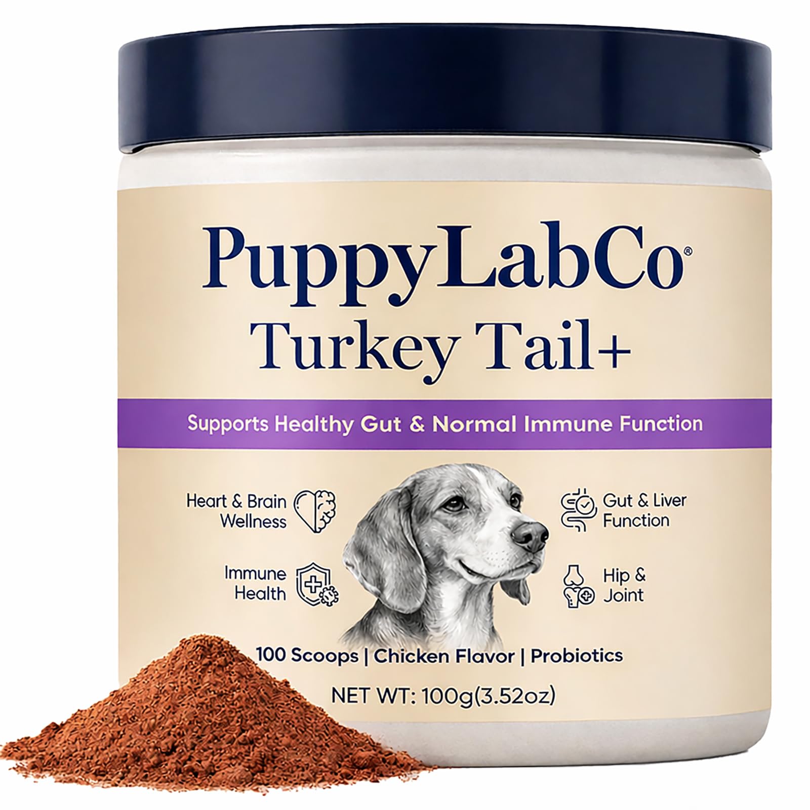 Puppy Lab Co Turkey Tail, PuppyLabCo Turkey Tail Mushroom for Dogs, Turkeytail Mushroom + Probiotics Powder Supplement, Chicken 