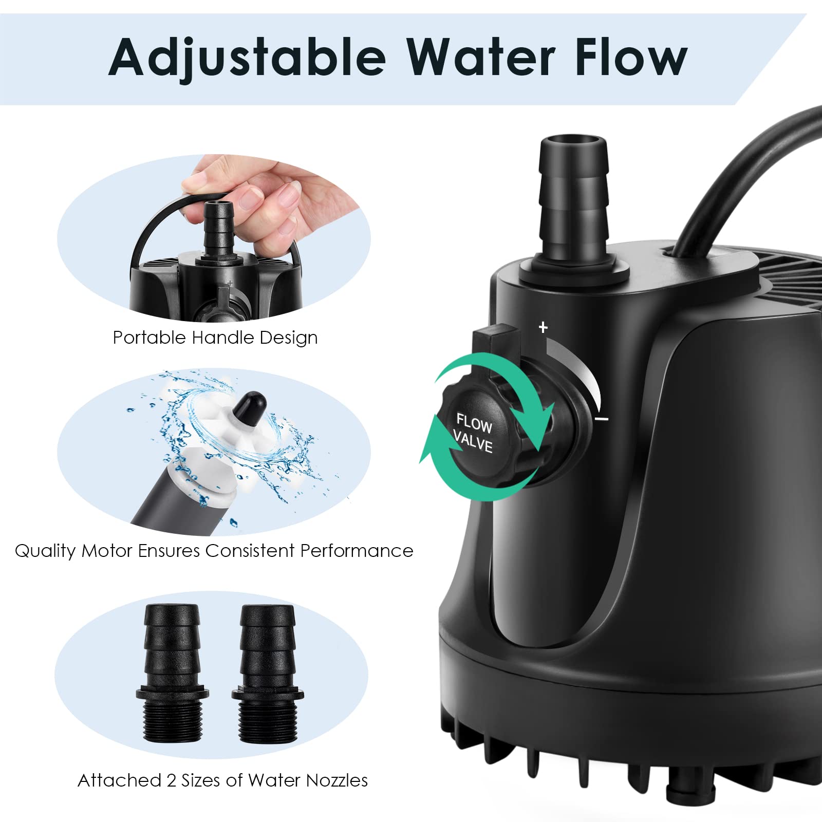 AQQA 265-800 GPH Submersible Aquarium Water Pump with Adjustable Switch, Water Removal and Drainage Sump Cleaning Pump with 2 No