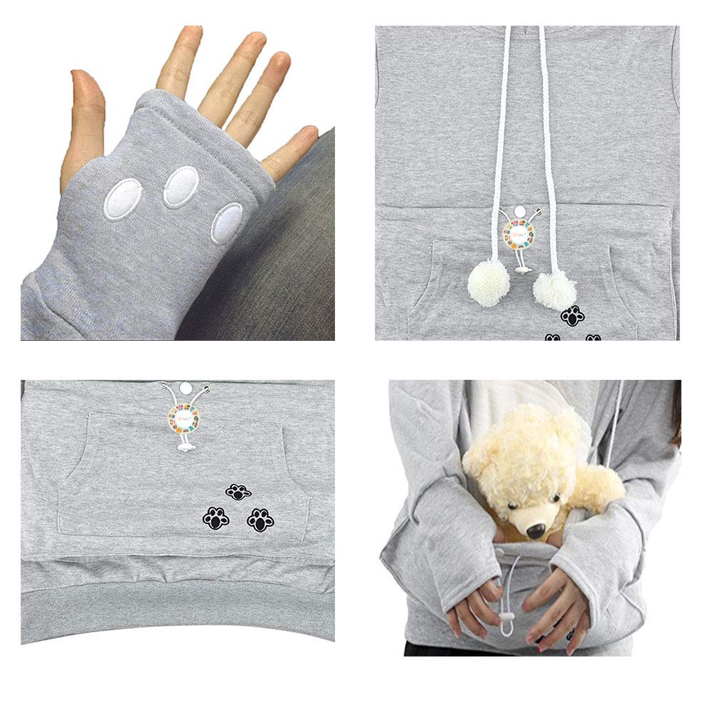Jomago Womens Pet Carrier Thin Hoodies Kitten Puppy Pouch Shirts Animal Holder Hood Long Sleeve Sweatshirt Thin Grey