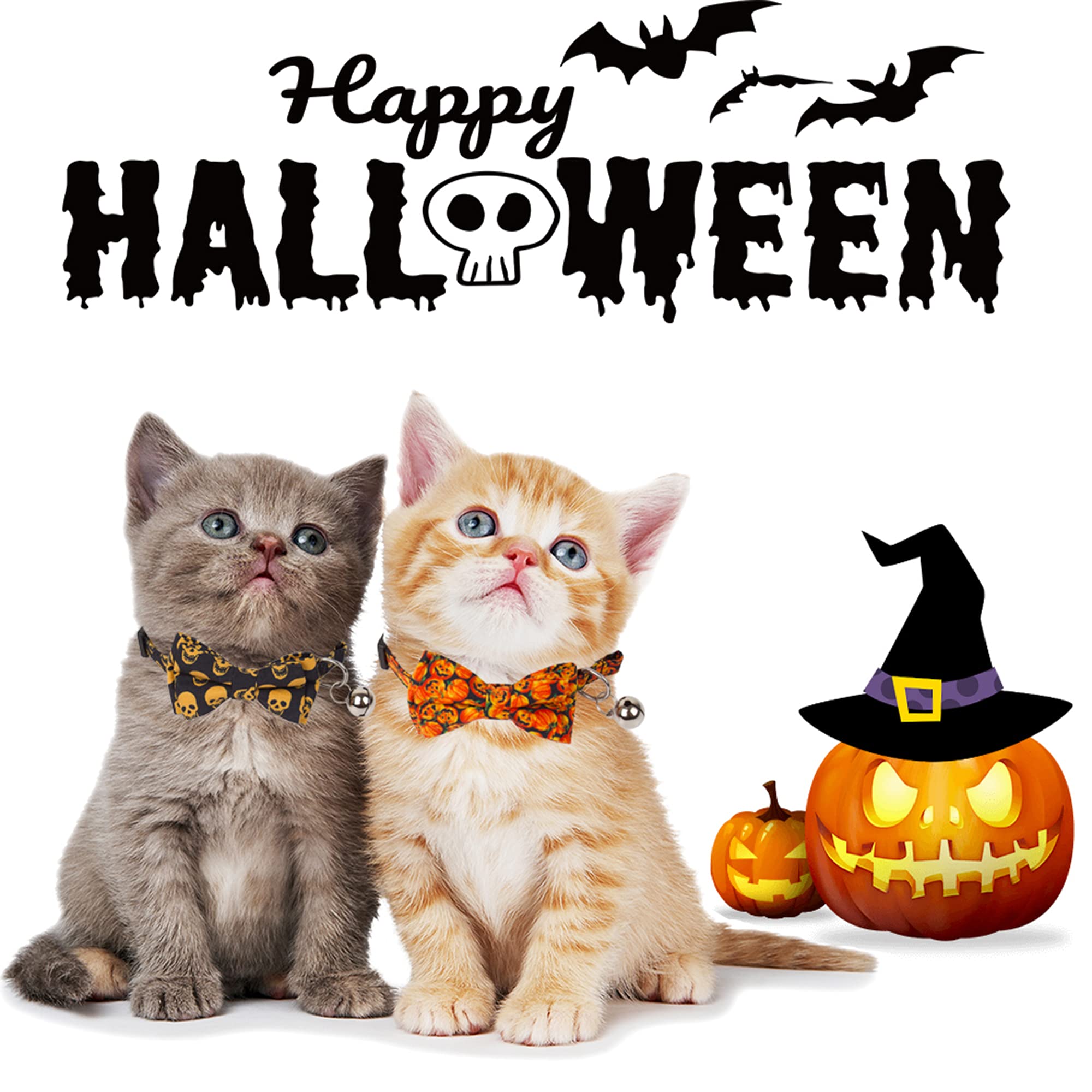 Adoggygo Halloween Cat Collar Breakaway With Bowtie Bell - 2 Pack Kitten Collar Skull Pumpkin Cat Collars With Removable Bowtie Cat Bow Collar For Cat Kitten (Halloween)