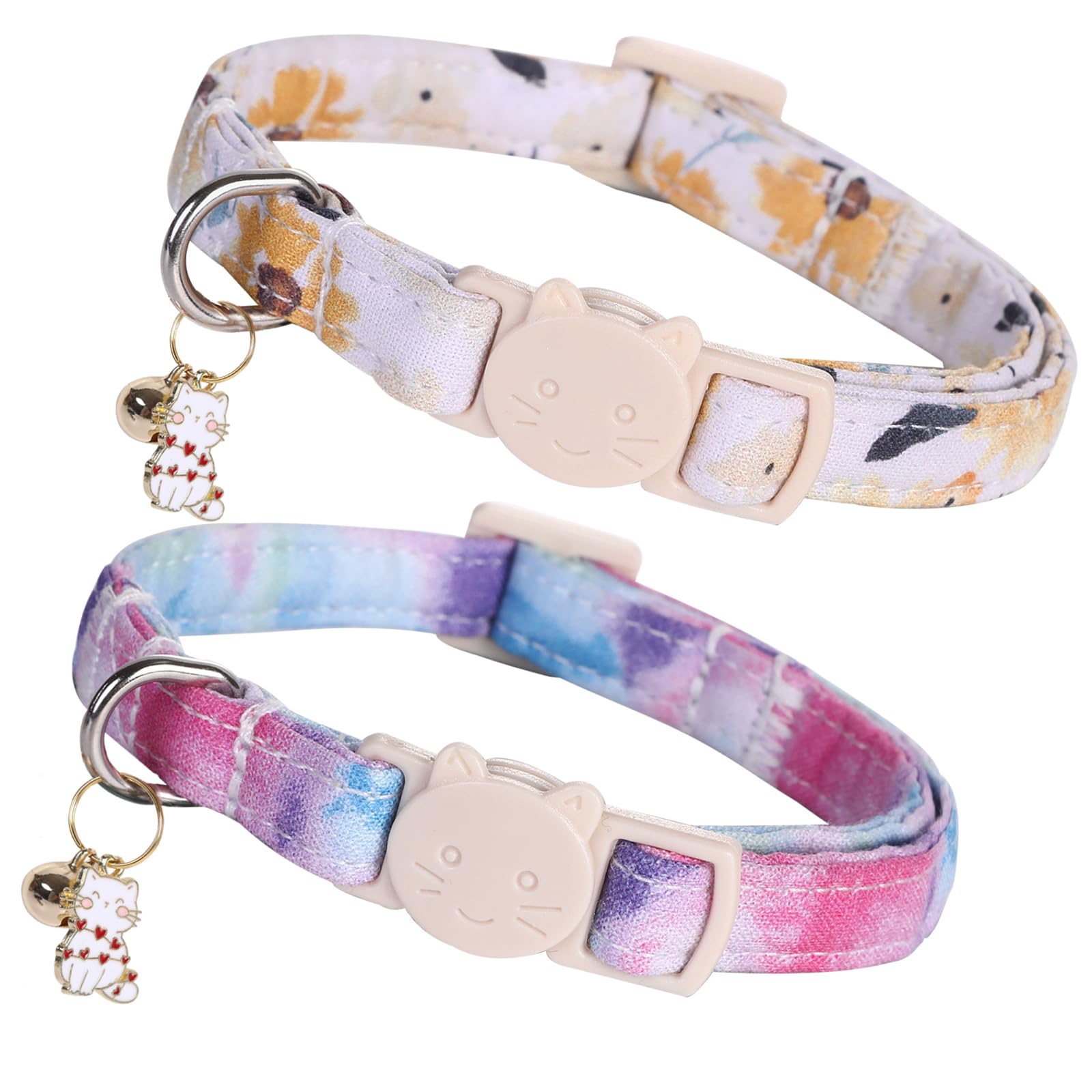 Elegant Little Tail 2 Pack Cat Collar- Sunflower Print Cotton Breakaway Cat Collars With Bell Pendant Kitten For Girl Safety Adj
