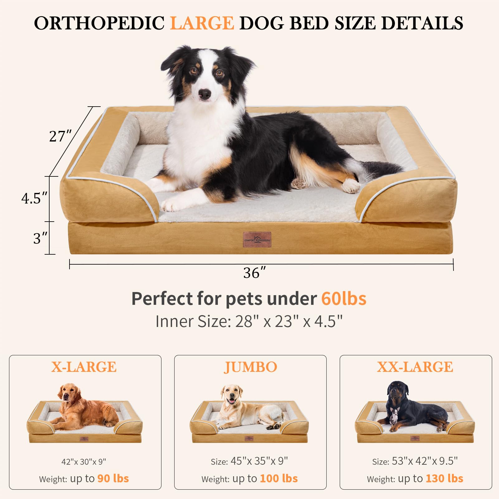 Comfort Expression Large Dog Beds Waterproof, Orthopedic Dog Beds For Large Sized Dogs, Comfy Pet Bed Sofa With Washable Removable Cover & Non-Slip Bottom(Large,Khaki)