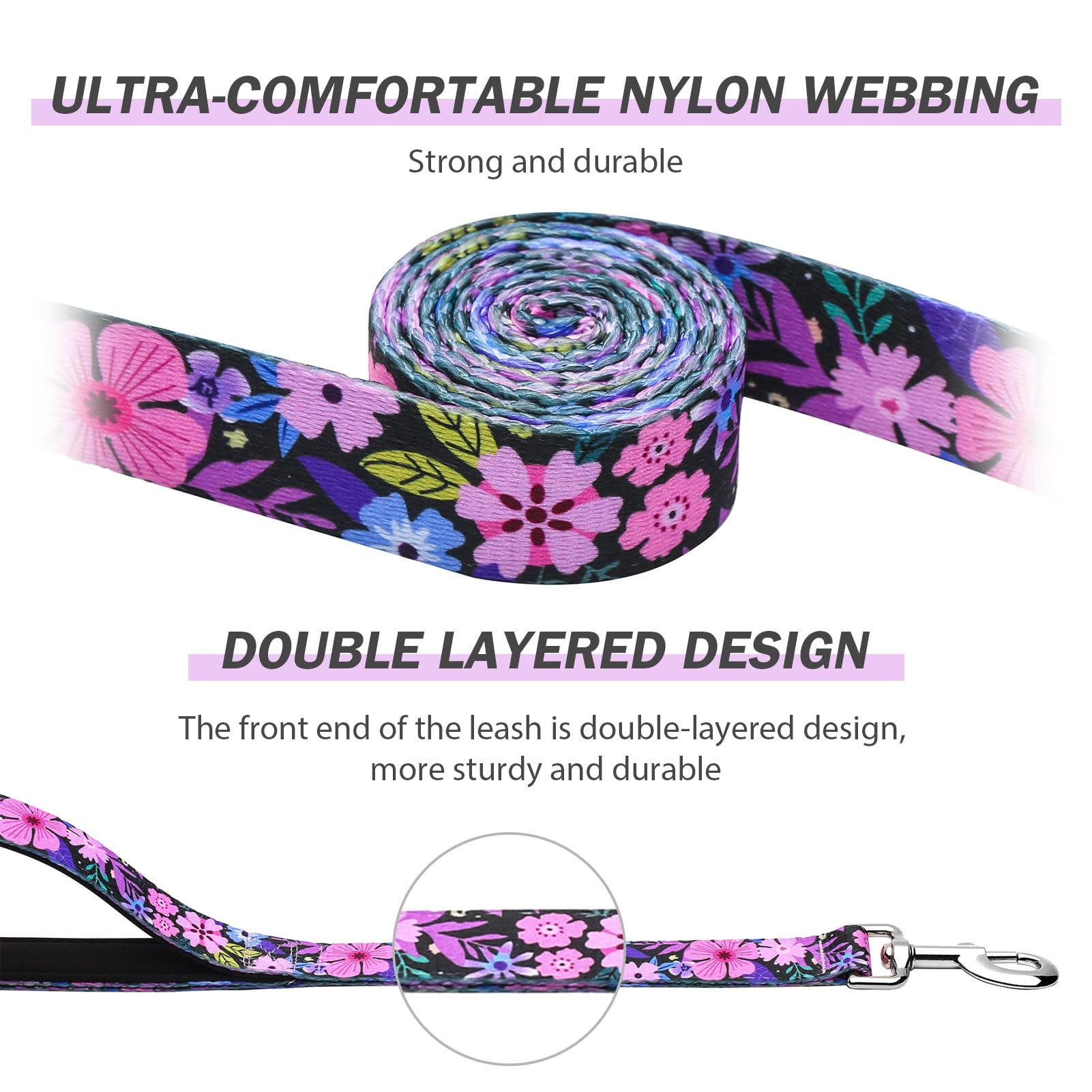 Hikiko Cute Girl Double Handle Dog Leash 6 Foot Padded Traffic Handles For Walking Training (Pinkish-Purple Floral, 6Ft)