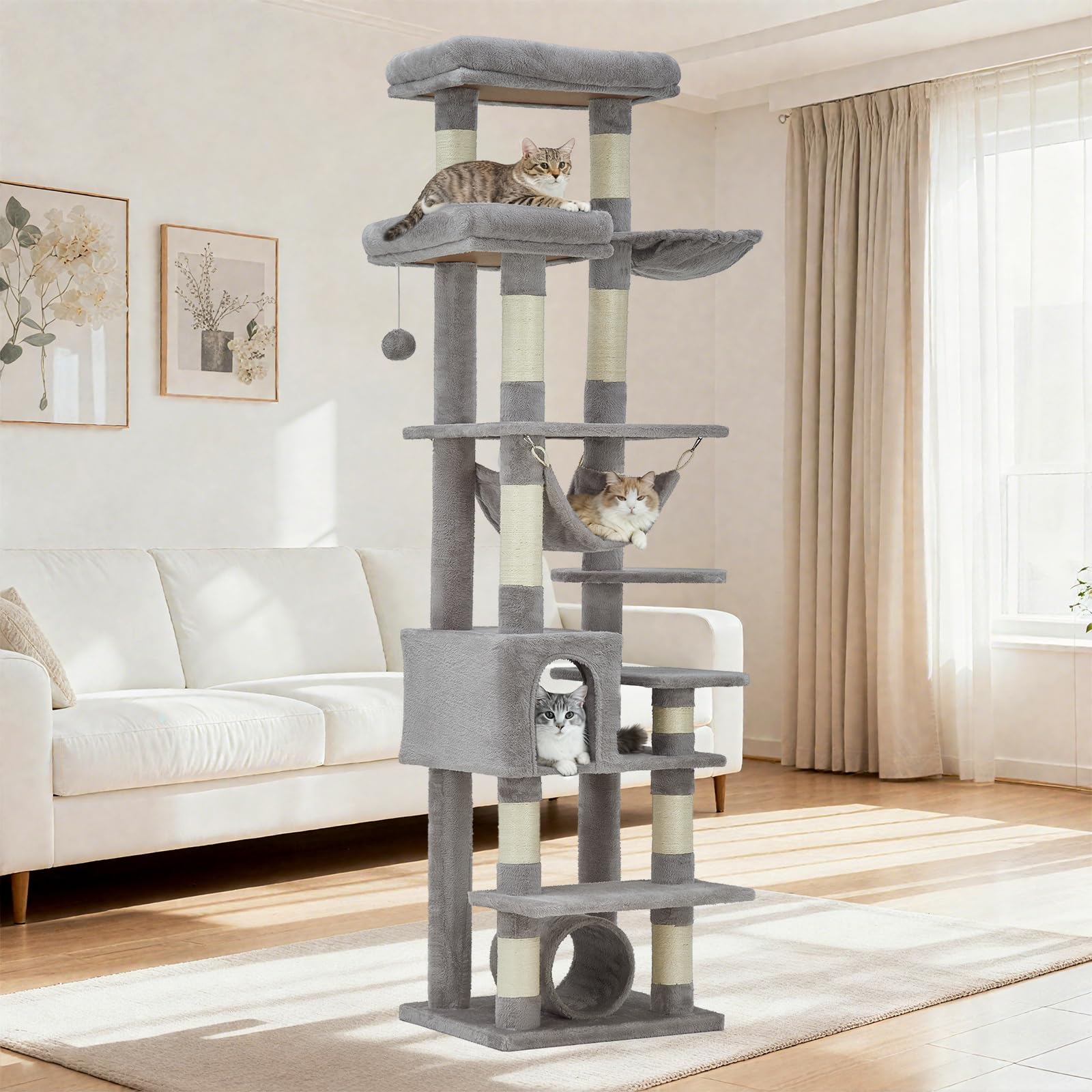 Garvee 74 Tall Cat Tree,Large Cat Tree for Big Cats,Cat Tower with Scratching Posts, Condo, Perches, Hammock, Tunnel & Feeding S