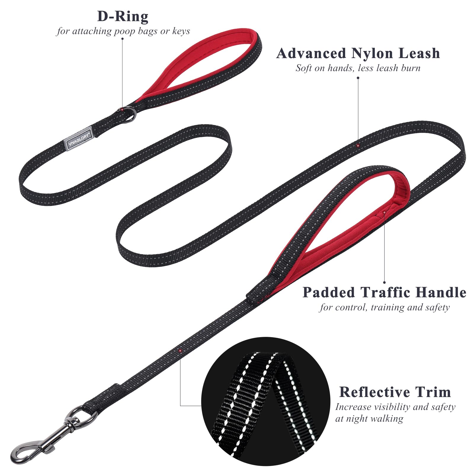 Vivaglory Traffic Handle Dog Leash, Two Padded Soft Handles Dog Leash, Strong Reflective & Metal Hook Training Pet Lead, Black