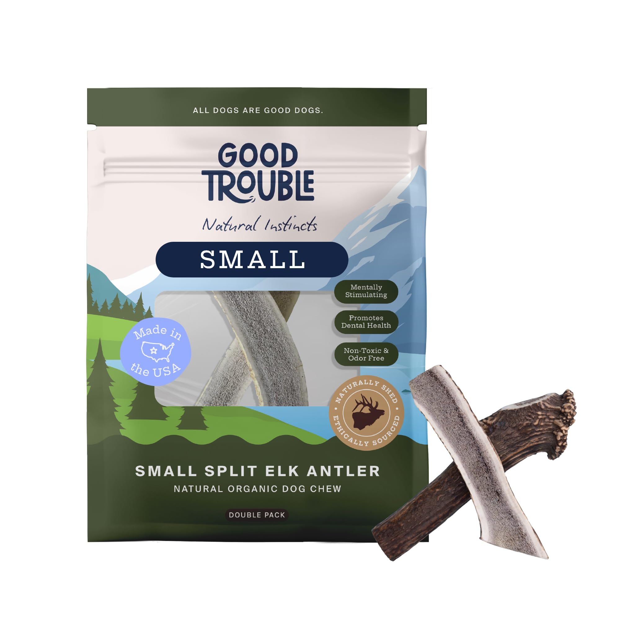 Good Trouble Premium Elk Antlers For Small Dogs - 2 Pack Split Pets - All-Natural, Shed Antler Chews For Dental Health & Calming