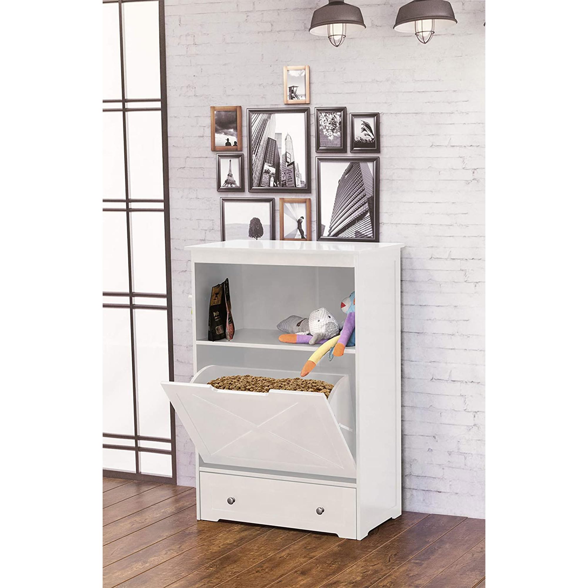 zoovilla Pet Feeder Station with Storage - Dog Bowl Stand, 13.78"D x 24.02"W x 35.04"H, White, Model PTF0071720110