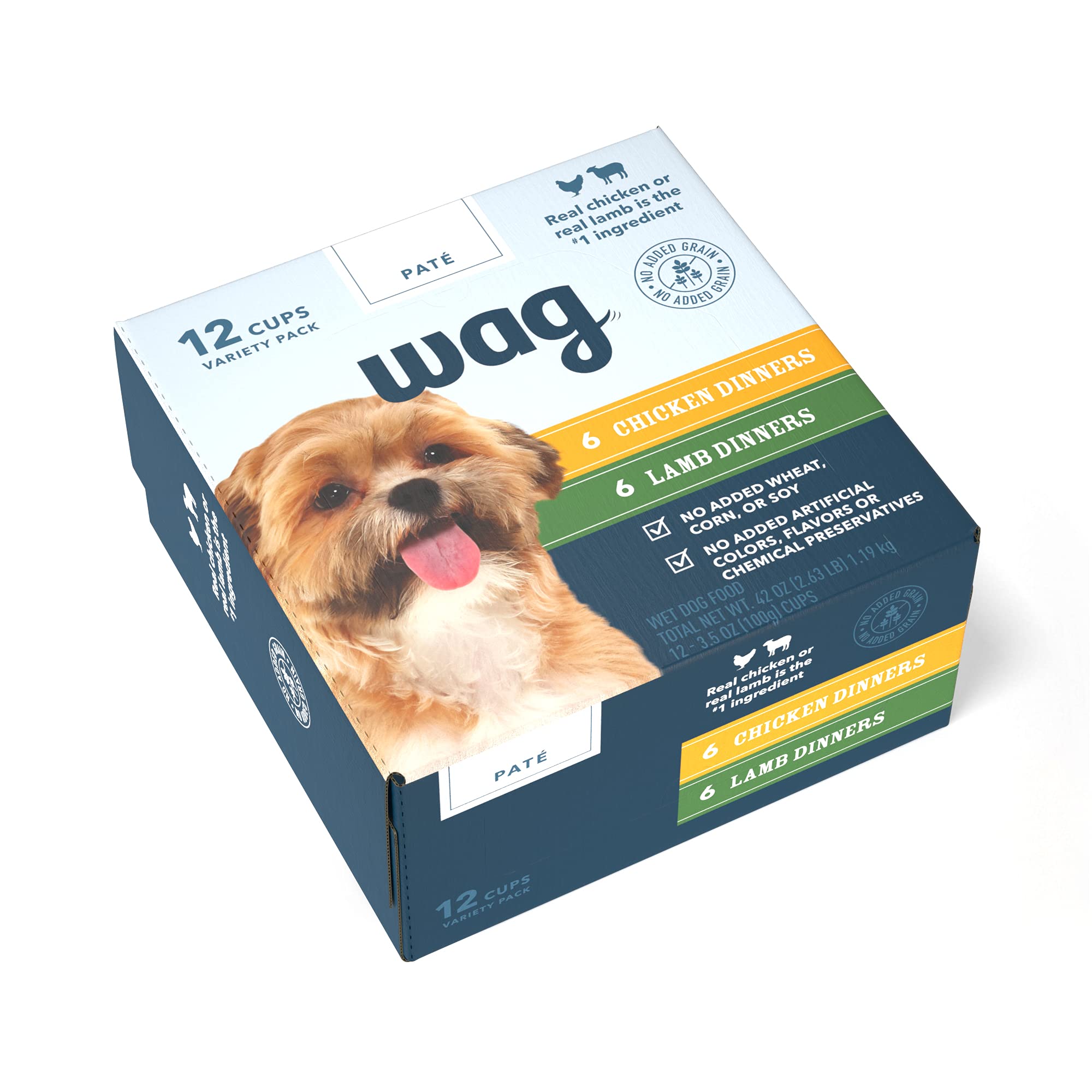 Amazon Brand - Wag Wet Dog Food Cups, Variety Packs Chicken & Lamb Pate, 3.5oz (12 Pack)