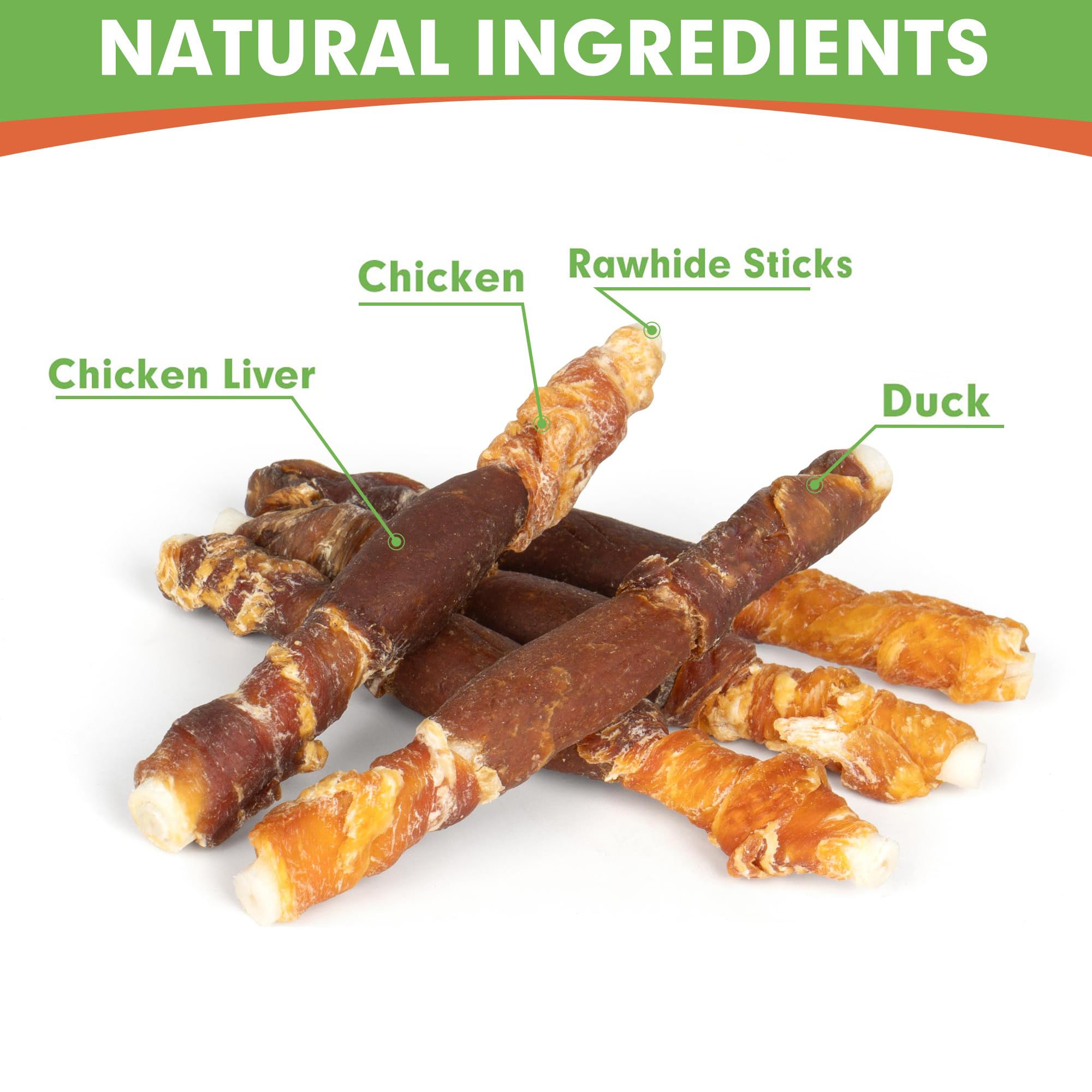 MON2SUN Dog Treats, Triple Flavor 5 Inch Chicken Liver Duck and Chicken Wrapped Rawhide Snacks for Small and Medium Dogs, 21.16