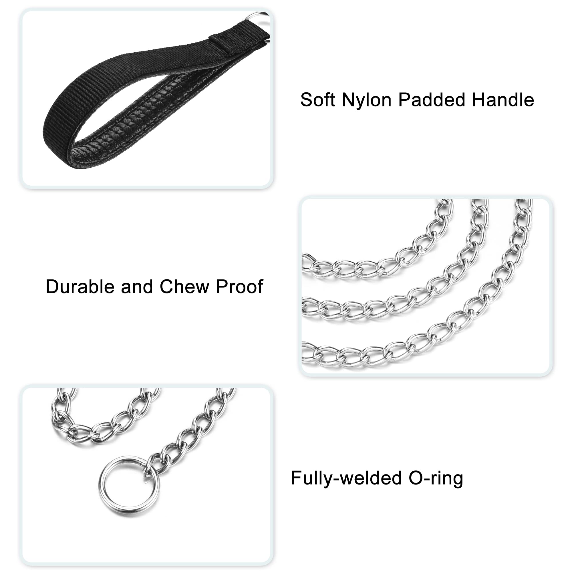 Filhome Metal Dog Leash And Collar - 4Ft Chew Proof Chain With P Chain Slip, Heavy Duty Sturdy Pet Leash With Padded Handle For