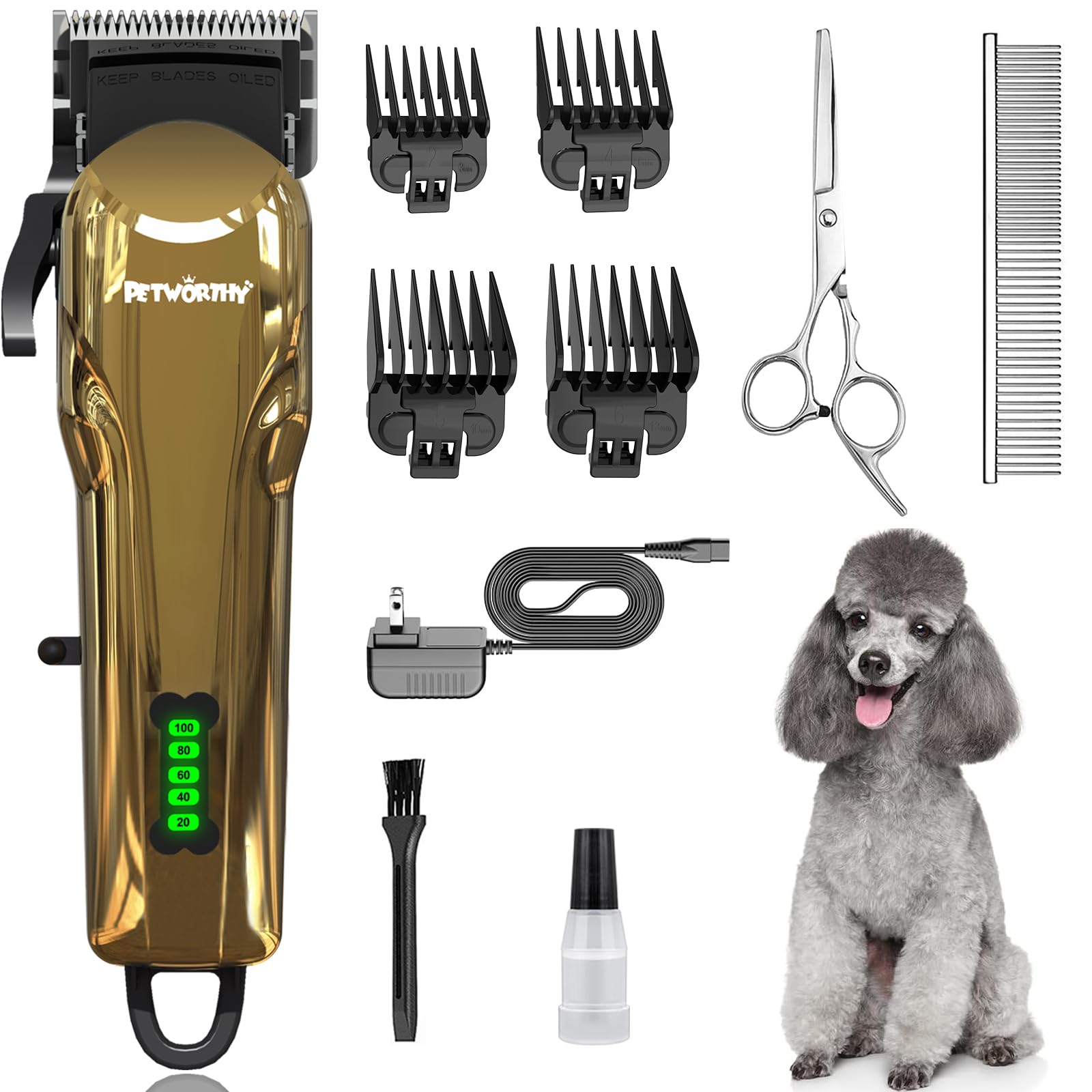 Petworthy Quiet Dog Grooming Kit - 2000Mah Dog Clippers For Heavy Thick Hair Coats, Waterproof Rechargeable Cordless Clippers, S