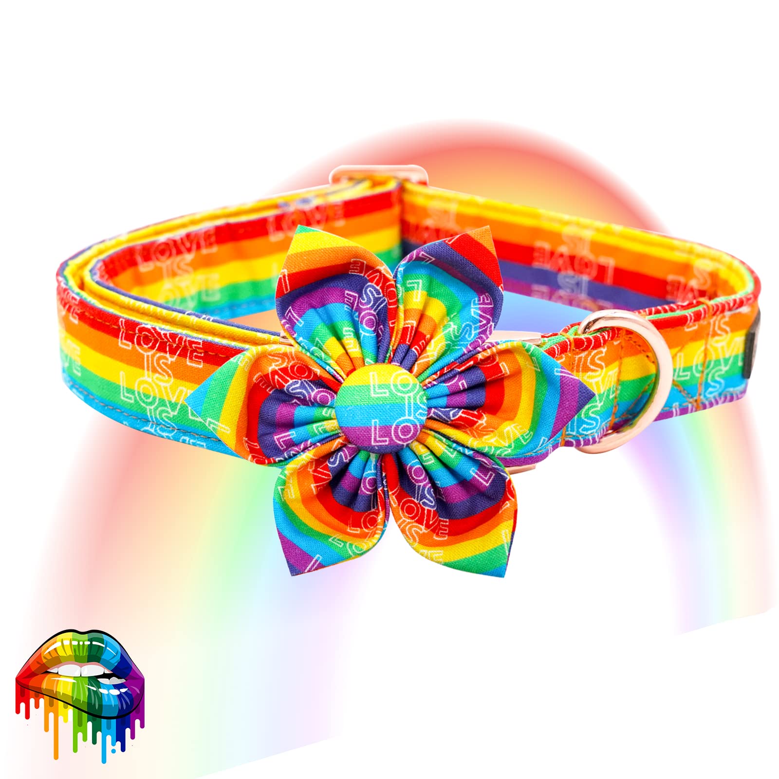 Elegant little tail Dog Collar, Rainbow Flag Dog Collar Flower LGBT Flower Dog Collars Holiday Pet Gift Adjustable Soft Puppy Co