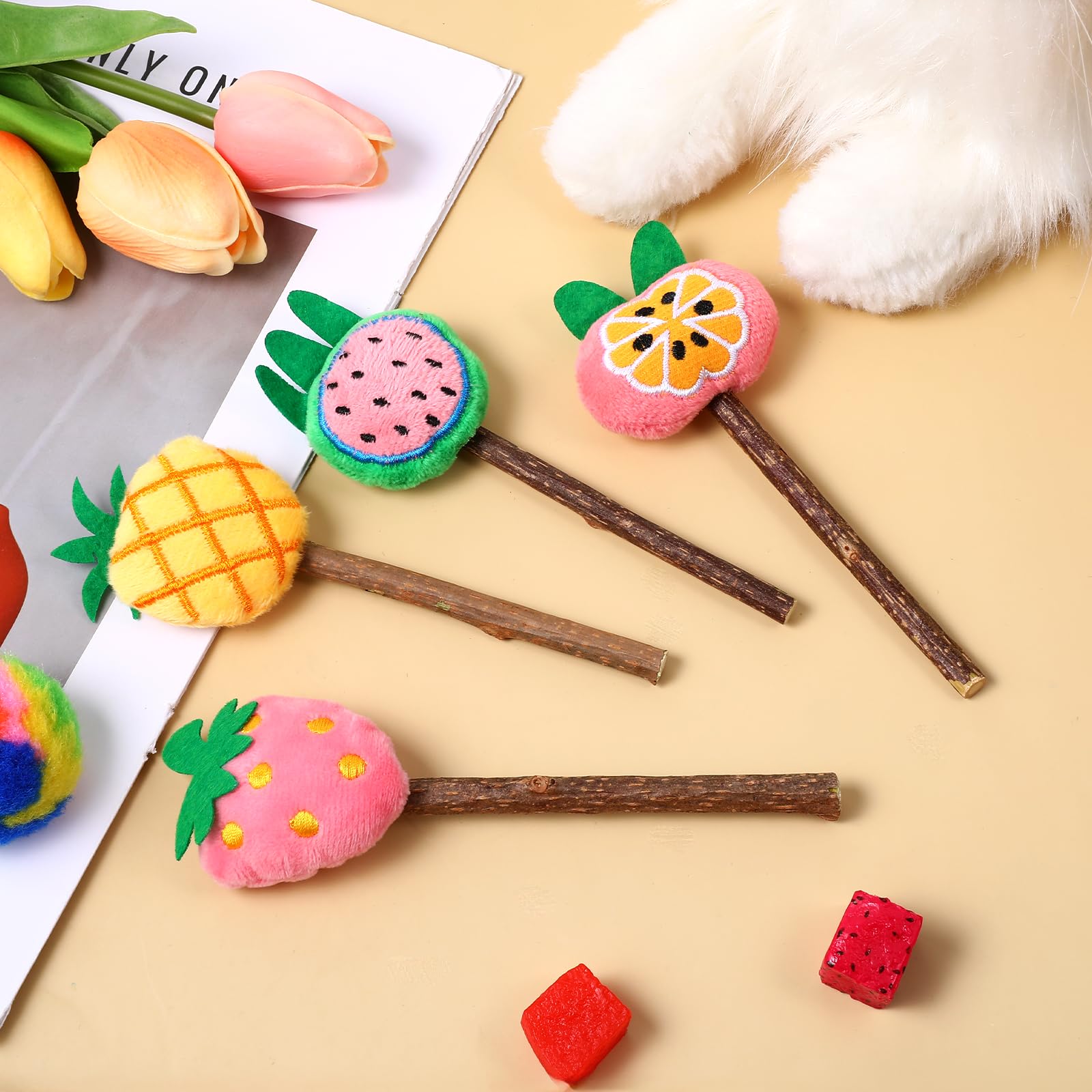 Ptwola Cat Chew Toys - 4 Pcs Silvervine Sticks for Dental Care & Teething, Plush & Wood, Pink Yellow Green, Model 672508_1_TVQh