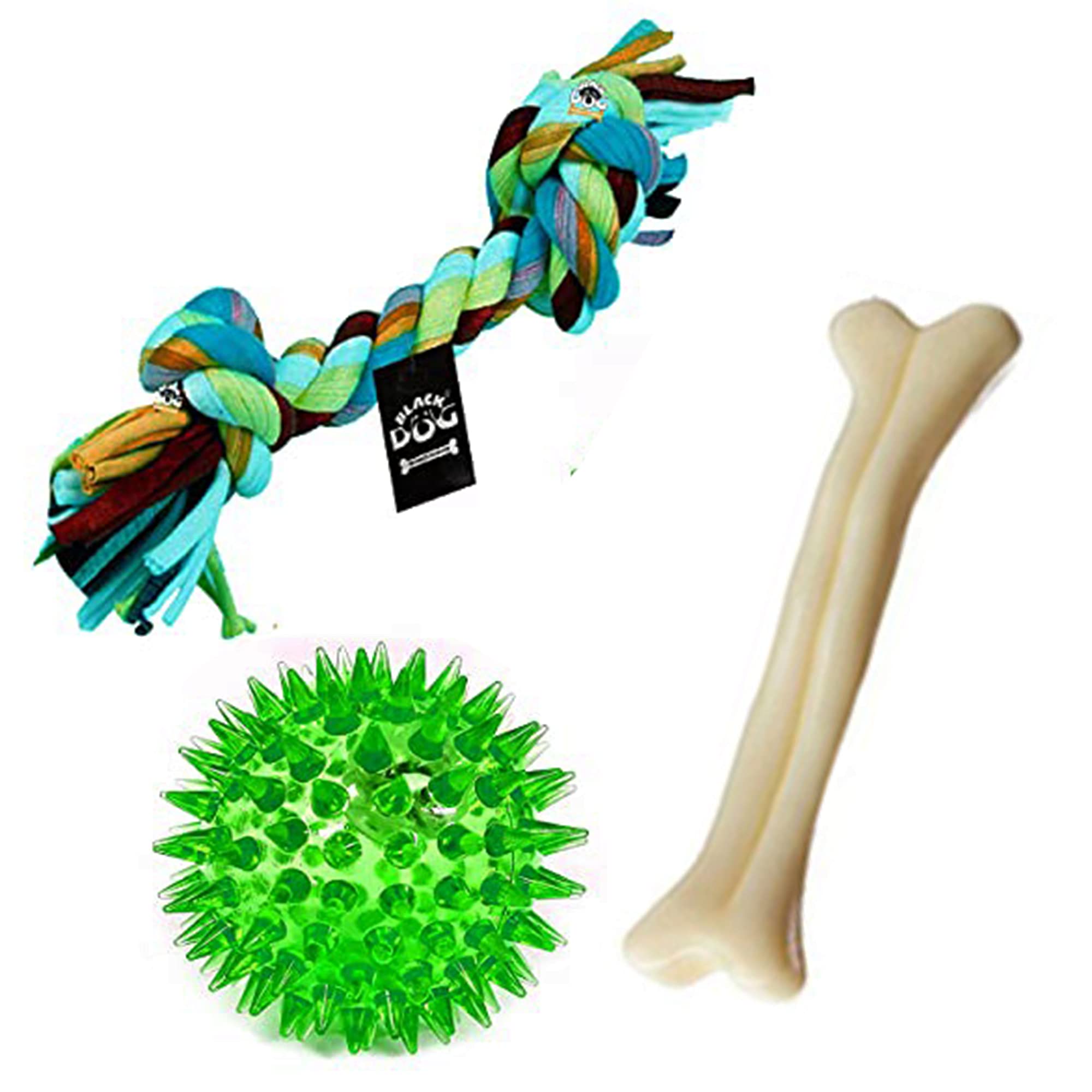 Blackdog Puppies Combo Toys For Dogs Squeaky Chew Ball Toy, Two Knot Chew Rope Toy, Nylon Chew Bone Toys For Puppies  Pack Of 3