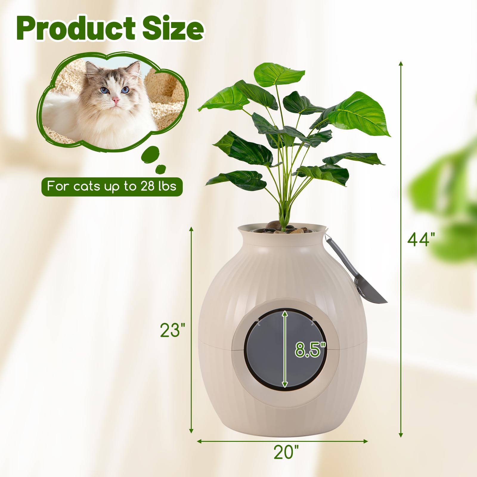 Petsite Hidden Litter Box Plant, Cat Litter Box Enclosure Furniture With Smart Odor Removal System, 4 Light Effects, Door, Artif