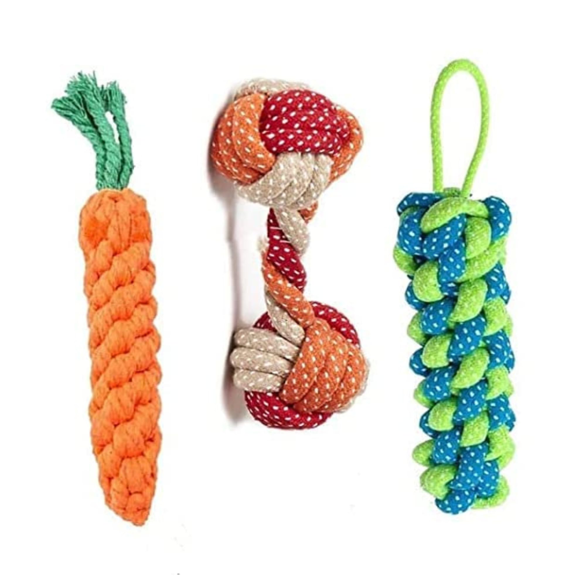 Kittupet 3Piece Durable Cotton Rope Dog Chew Toy Set  Interactive Carrot, Dumbbell, And Looped Knot Toys For Puppy Teething An