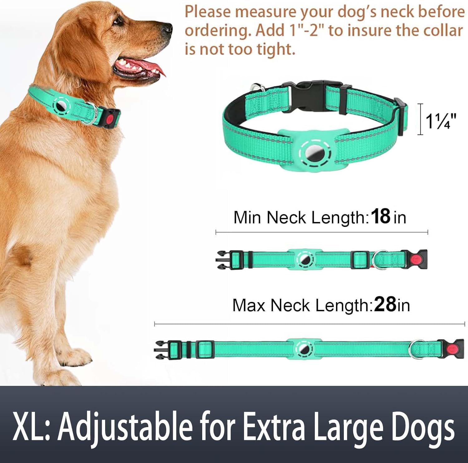 Erbine Airtag Dog Collar For Large Dogs, Reflective Dog Collars With Airtag Holder, Soft Padded & Safety Locking Buckle, Nylon Pet Collar Adjustable For All Breeds, Teal
