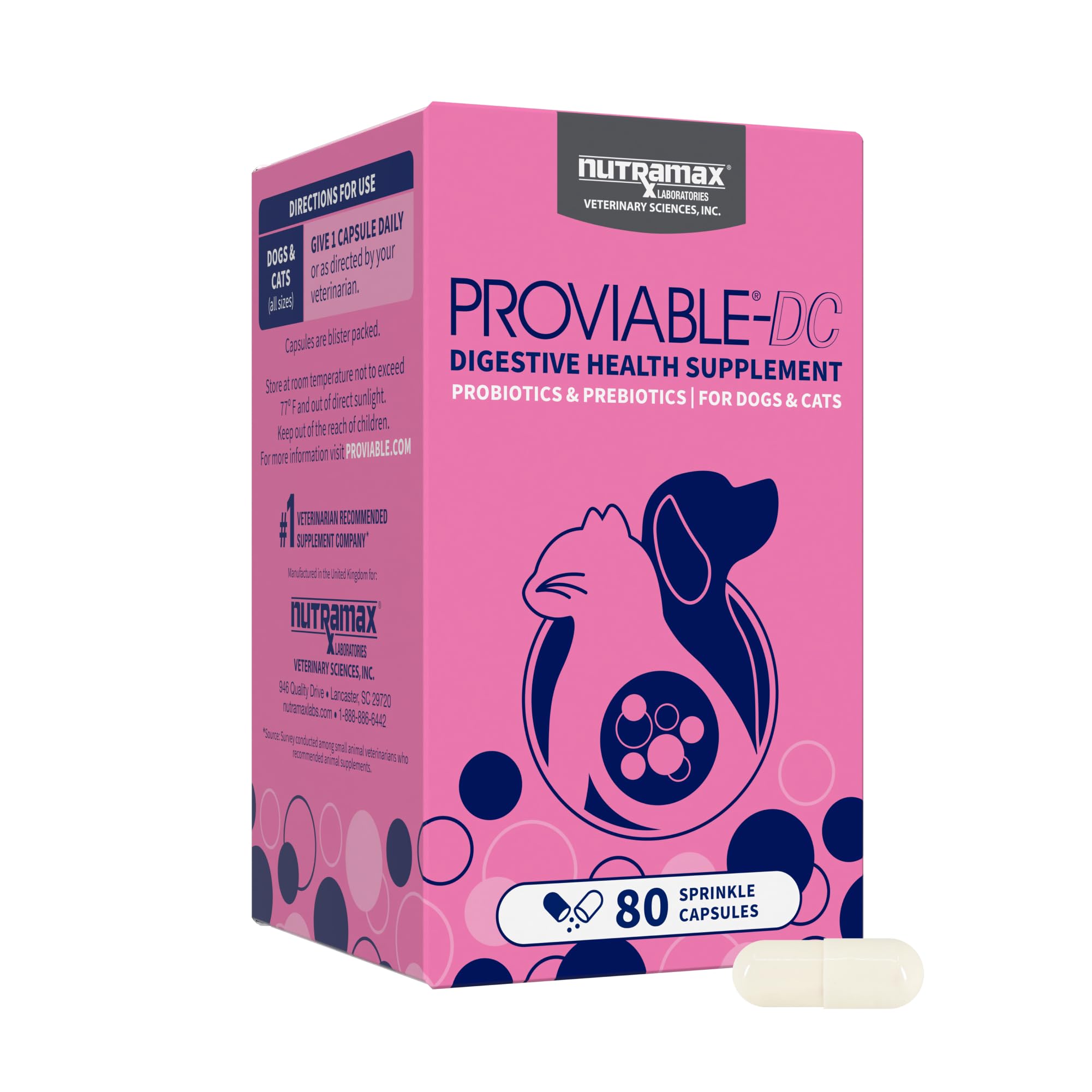 Nutramax Proviable Probiotics for Dogs and Cats, Daily Digestive Health Supplement with Multiple Strains of Bacteria, Cat and Do
