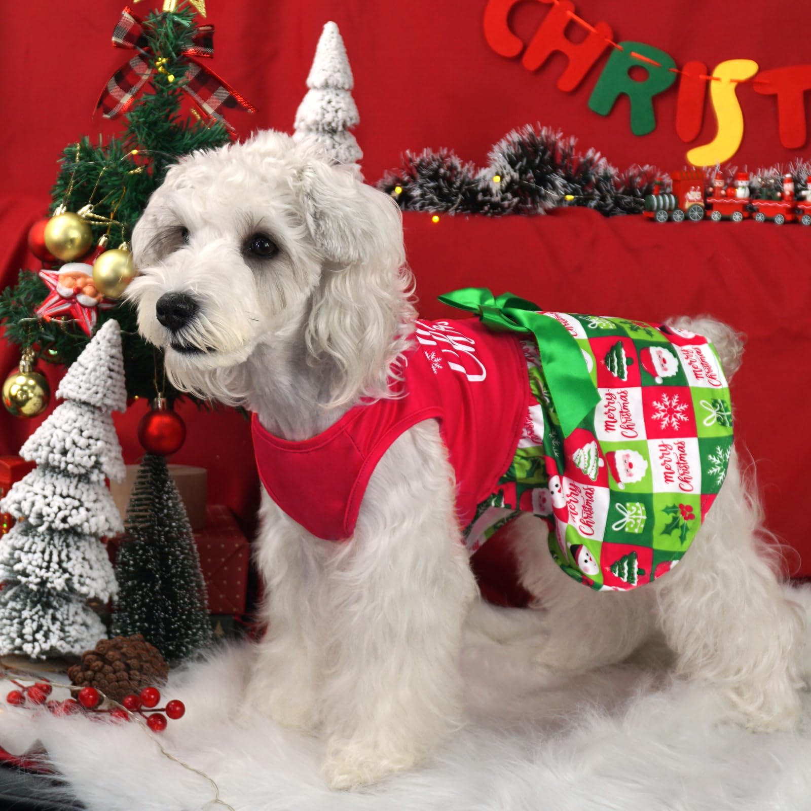 Xpudac Dog Christmas Outfit Dog Dress Holiday Puppy Clothes For Small Dogs Girl, Pet Costume Cat Outfits Green Red-Xxs