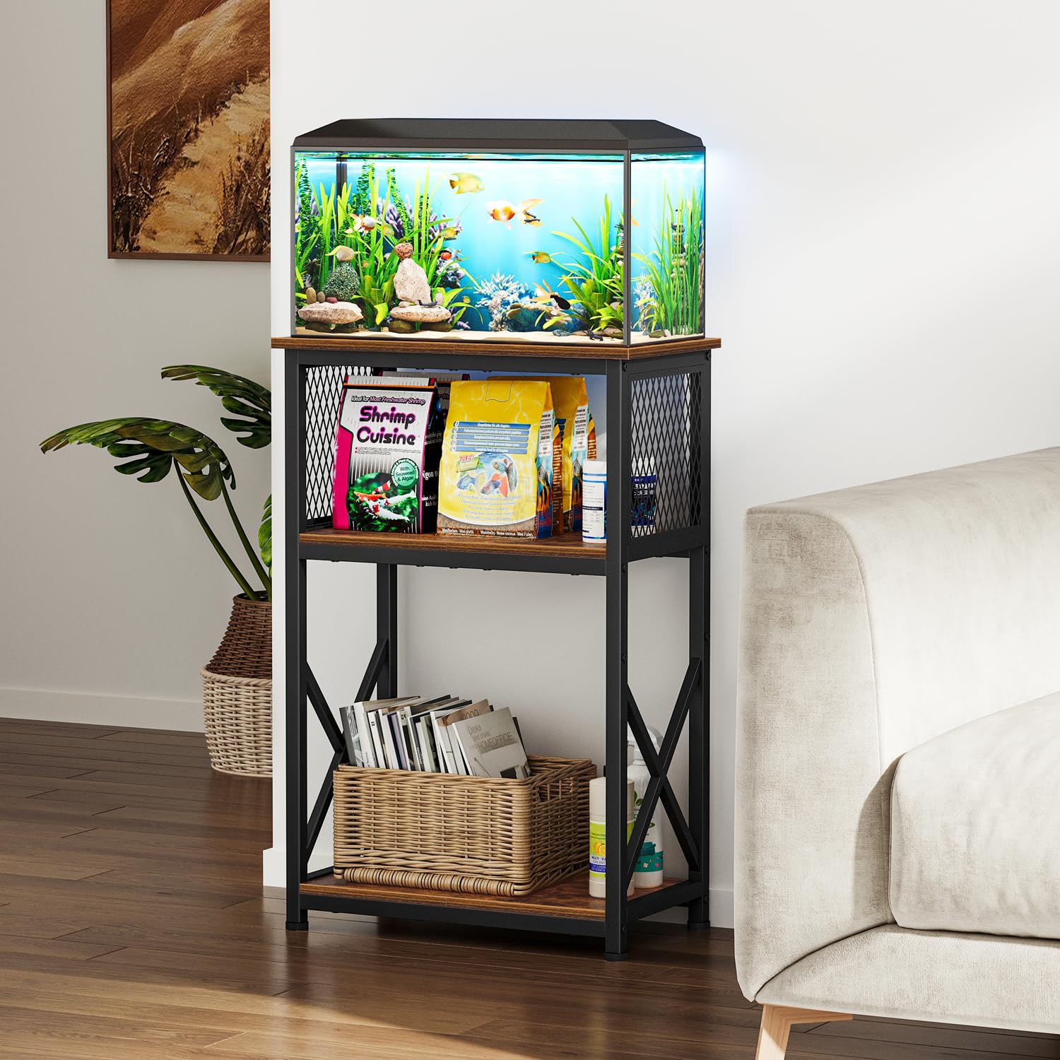 Snughome 10 Gallon Aquarium Stand, 3-Tier Heavy Metal Shelf, 20.47" x 11.42" x 30.91", Rustic Brown, Model YG