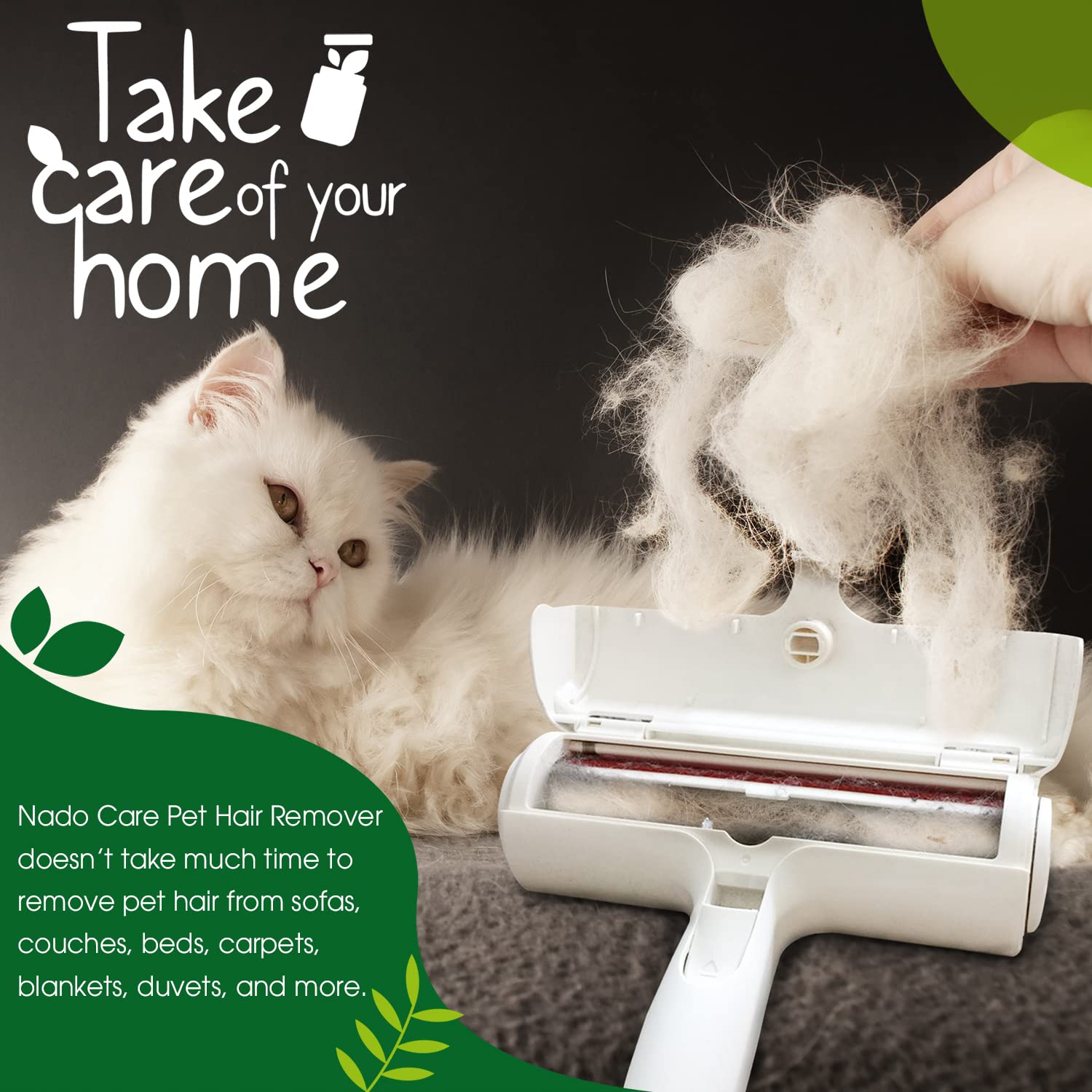 Nado Care Pet Hair Remover - Self-Cleaning Lint Roller for Dogs & Cats - White, Plastic Model Nado-R