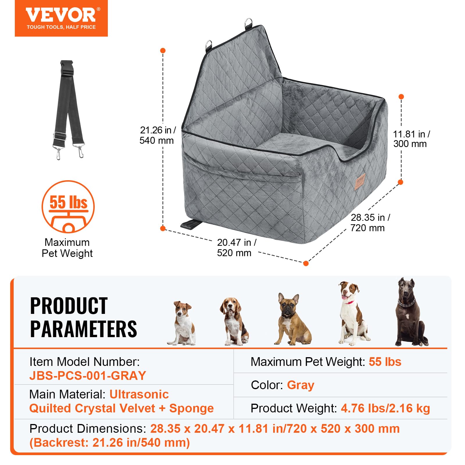 Vevor Dog Booster Car Seat Pet Car Seat For Medium Large Dog Up To 55 Lbs Gray